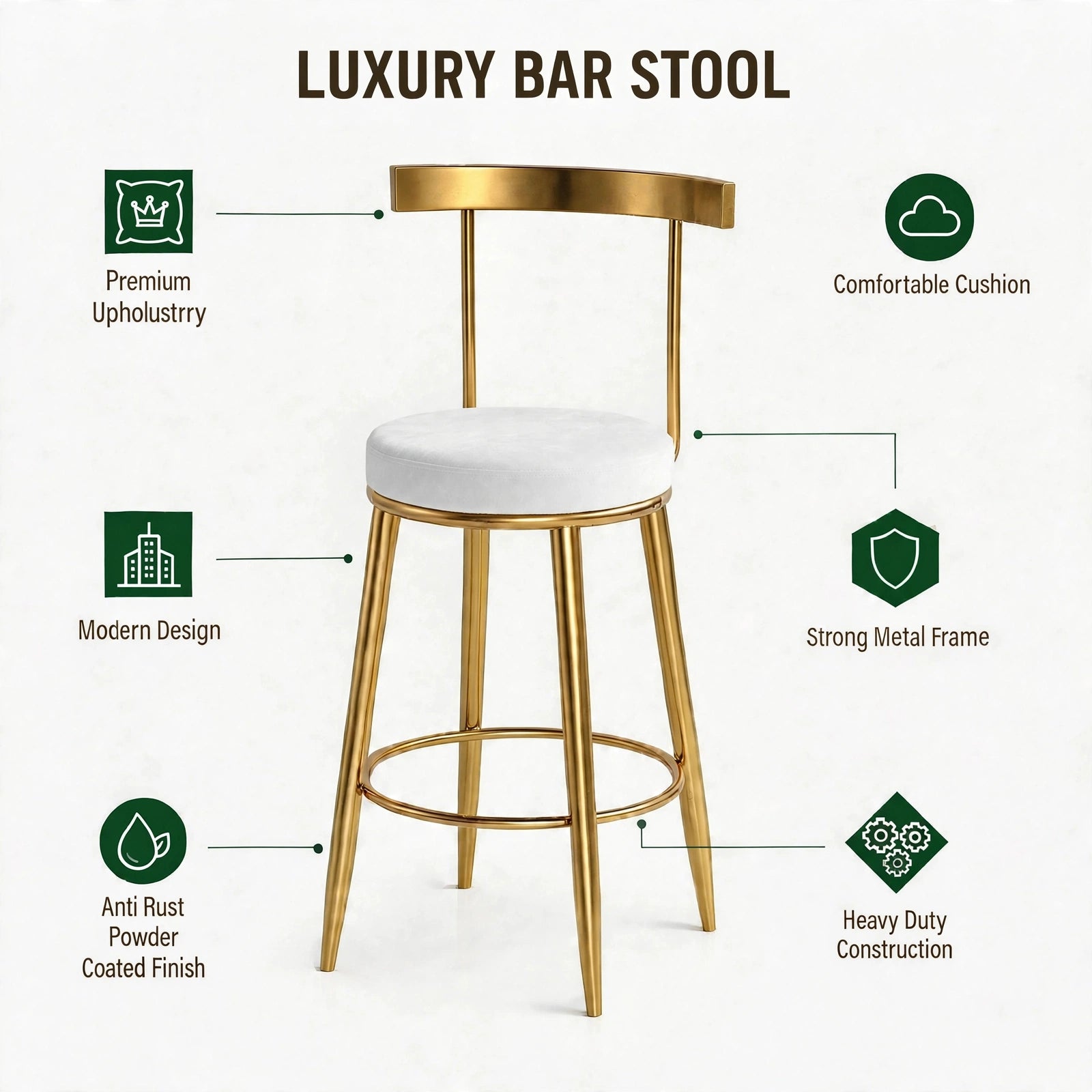 Nutech Decor Velvet Counter Height Bar Stool with Solid Backrest with Gold Legs | Kitchen & Bar Seating