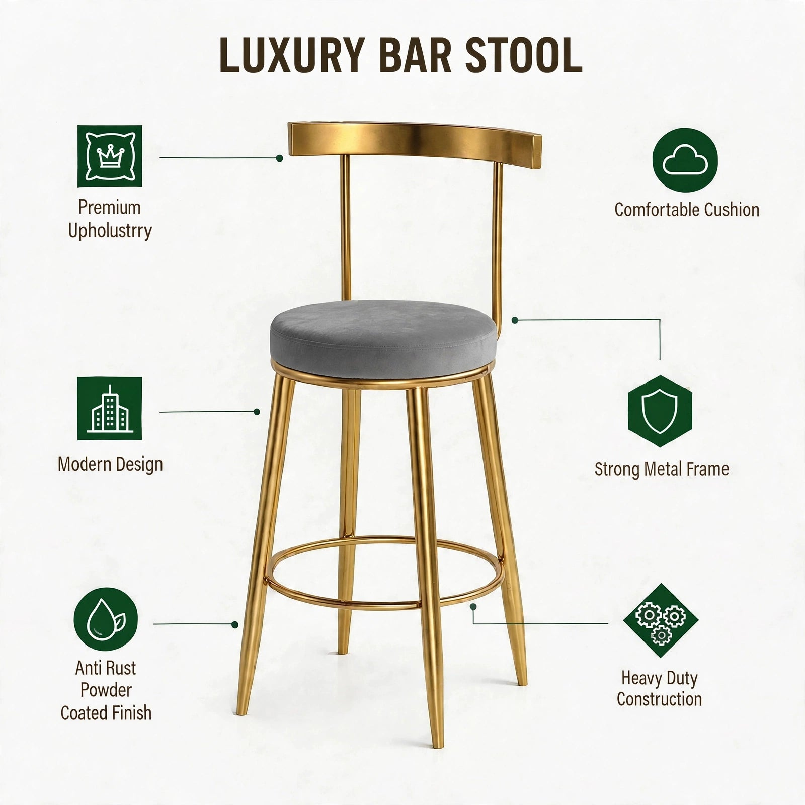 Nutech Decor Velvet Counter Height Bar Stool with Solid Backrest with Black & Gold Legs | Kitchen & Bar Seating