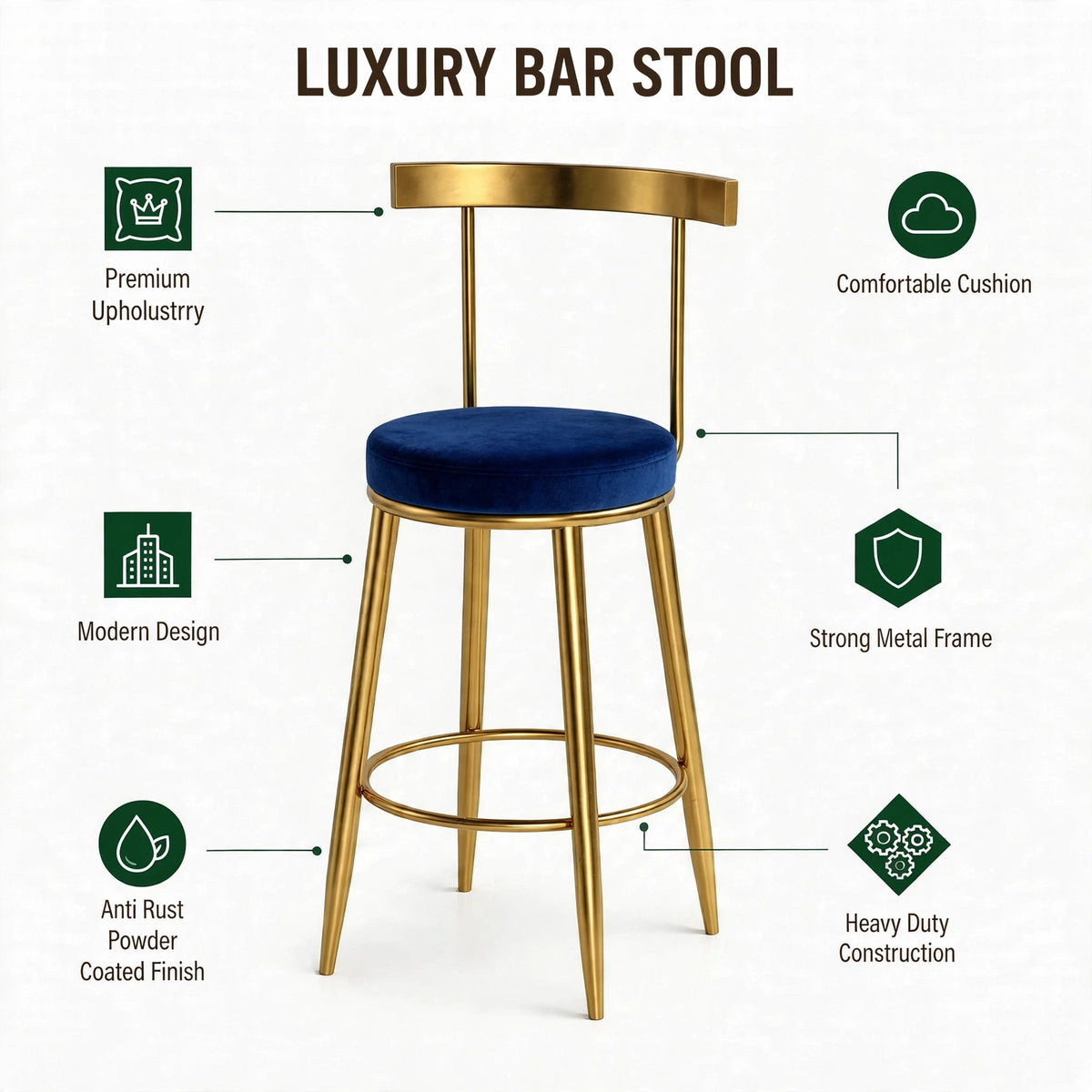 Nutech Decor Velvet Counter Height Bar Stool with Solid Backrest with Black & Gold Legs | Kitchen & Bar Seating