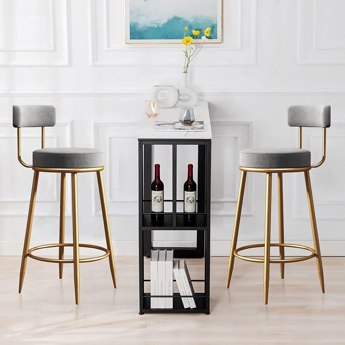 Nutech Decor Velvet Counter Height Bar Stool with Padded Backrest with Black & Gold Legs | Kitchen & Bar Seating