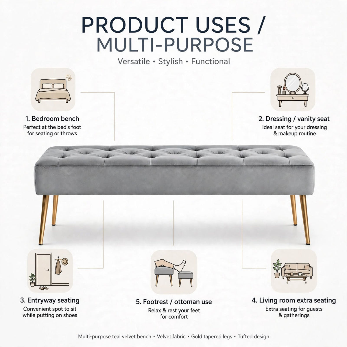 Nutech Impex Modern Velvet Bench Ottoman with Gold Metal Legs | Tufted Upholstered Bench for Bedroom, Living Room & Entryway | Footrest & Accent Seating