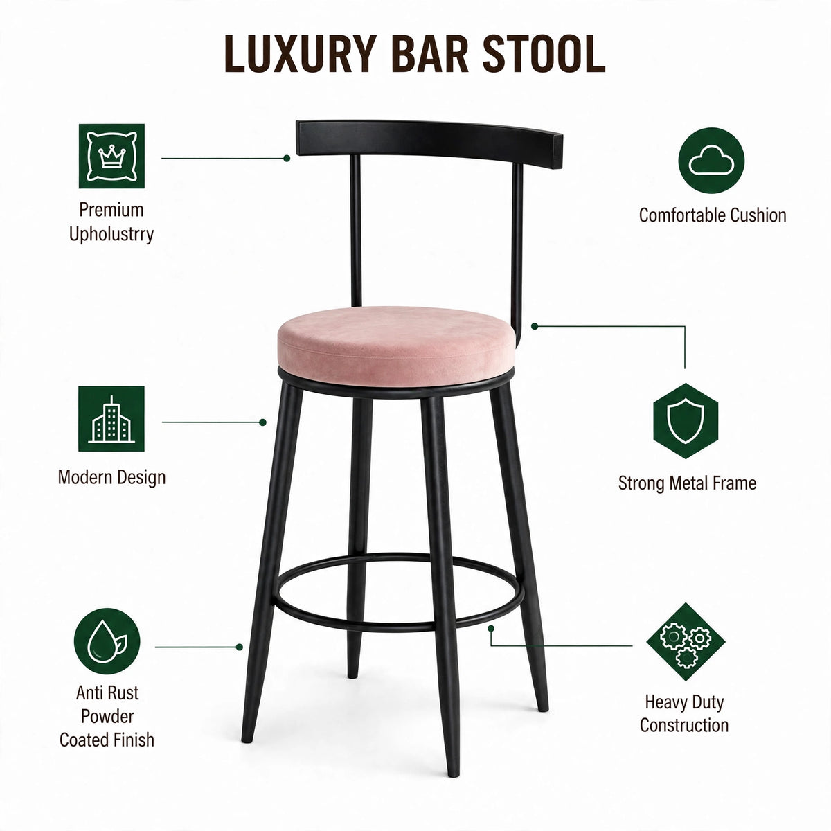 Nutech Decor Velvet Counter Height Bar Stool with Solid Backrest with Black & Gold Legs | Kitchen & Bar Seating