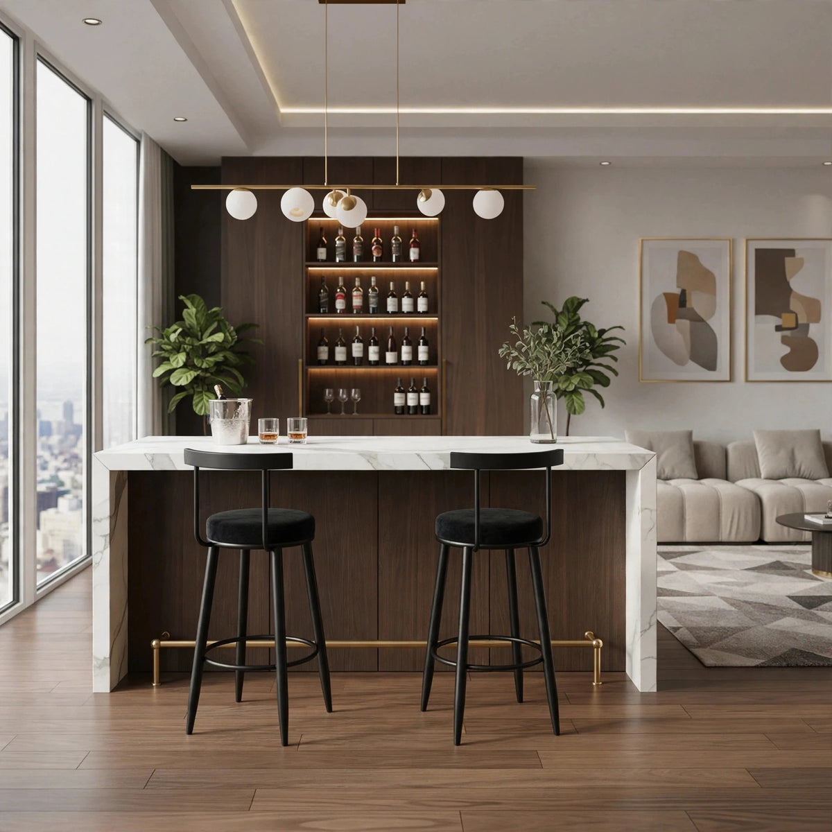 Nutech Decor Velvet Counter Height Bar Stool with Solid Backrest with Black & Gold Legs | Kitchen & Bar Seating