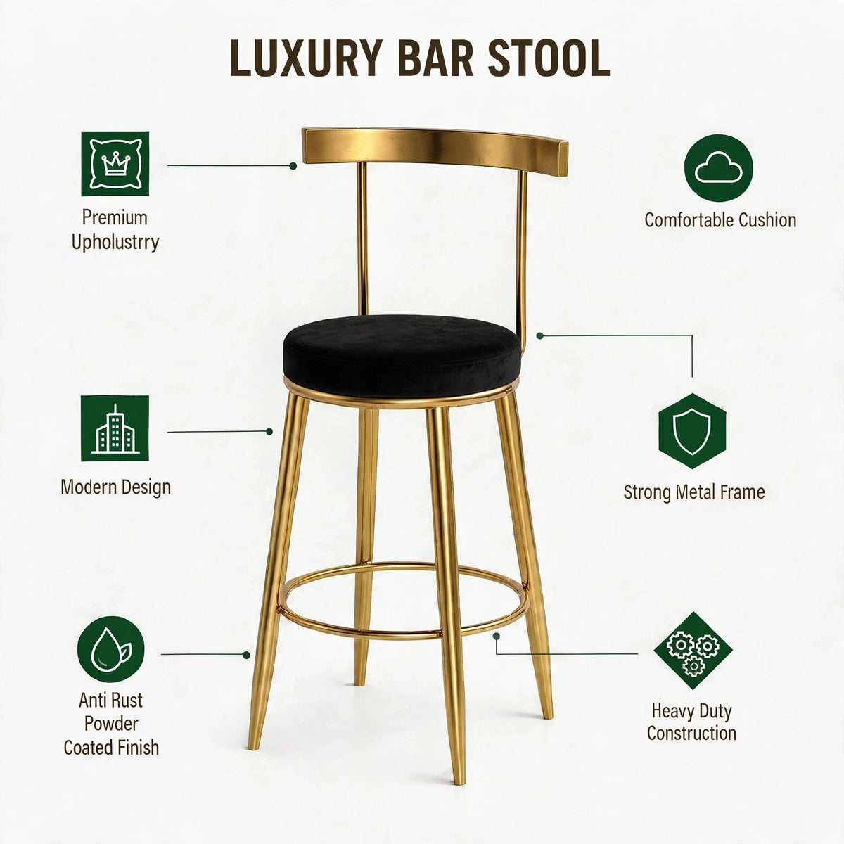 Nutech Decor Velvet Counter Height Bar Stool with Solid Backrest with Gold Legs | Kitchen & Bar Seating