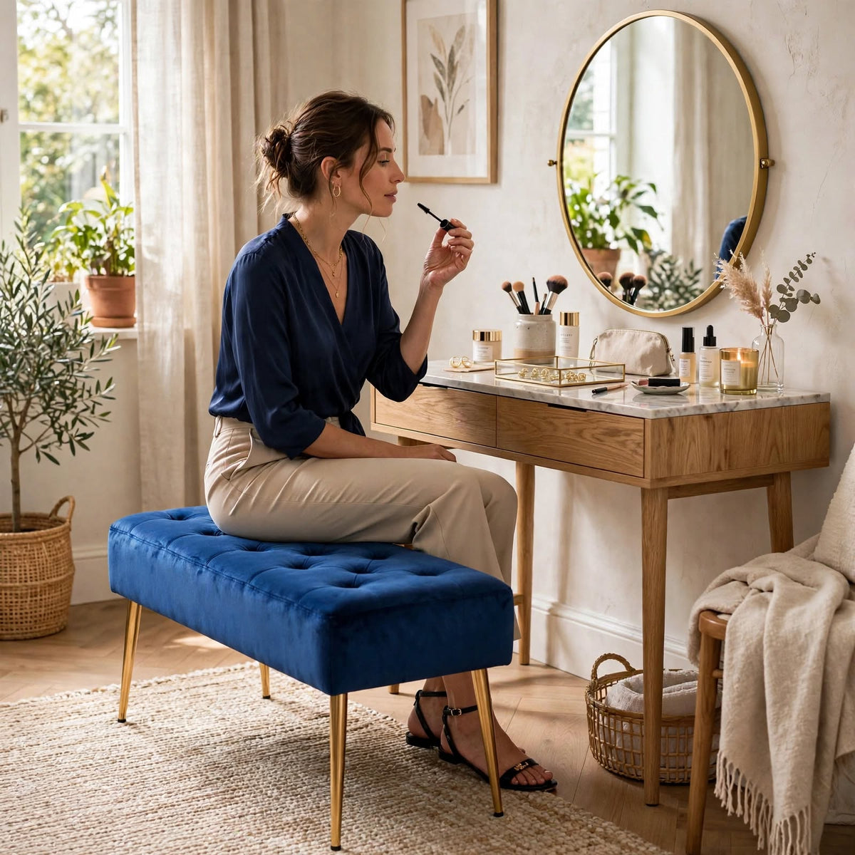 Nutech Impex Modern Velvet Bench Ottoman with Gold Metal Legs | Tufted Upholstered Bench for Bedroom, Living Room & Entryway | Footrest & Accent Seating