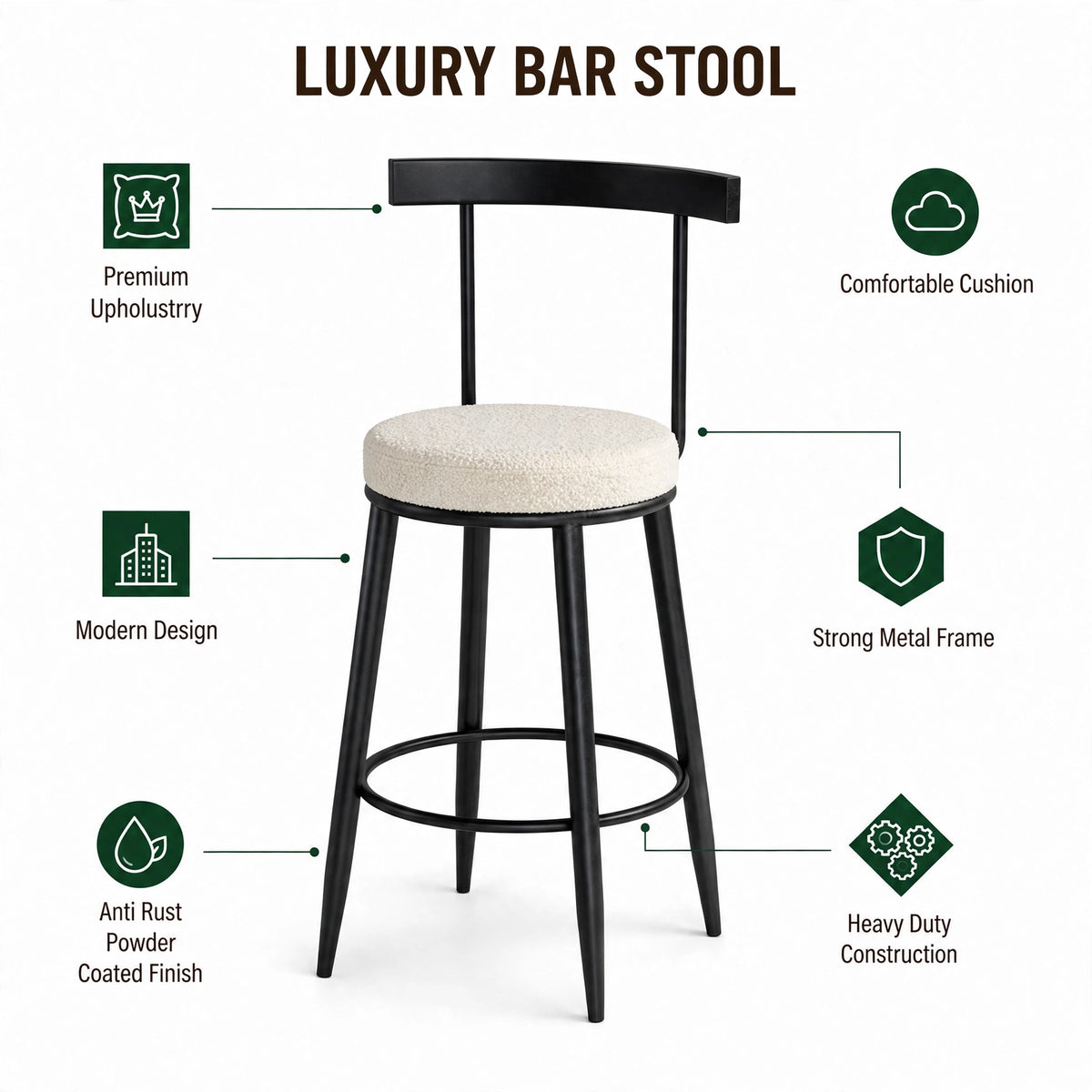 Nutech Decor Velvet Counter Height Bar Stool with Solid Backrest with Black Legs | Kitchen & Bar Seating