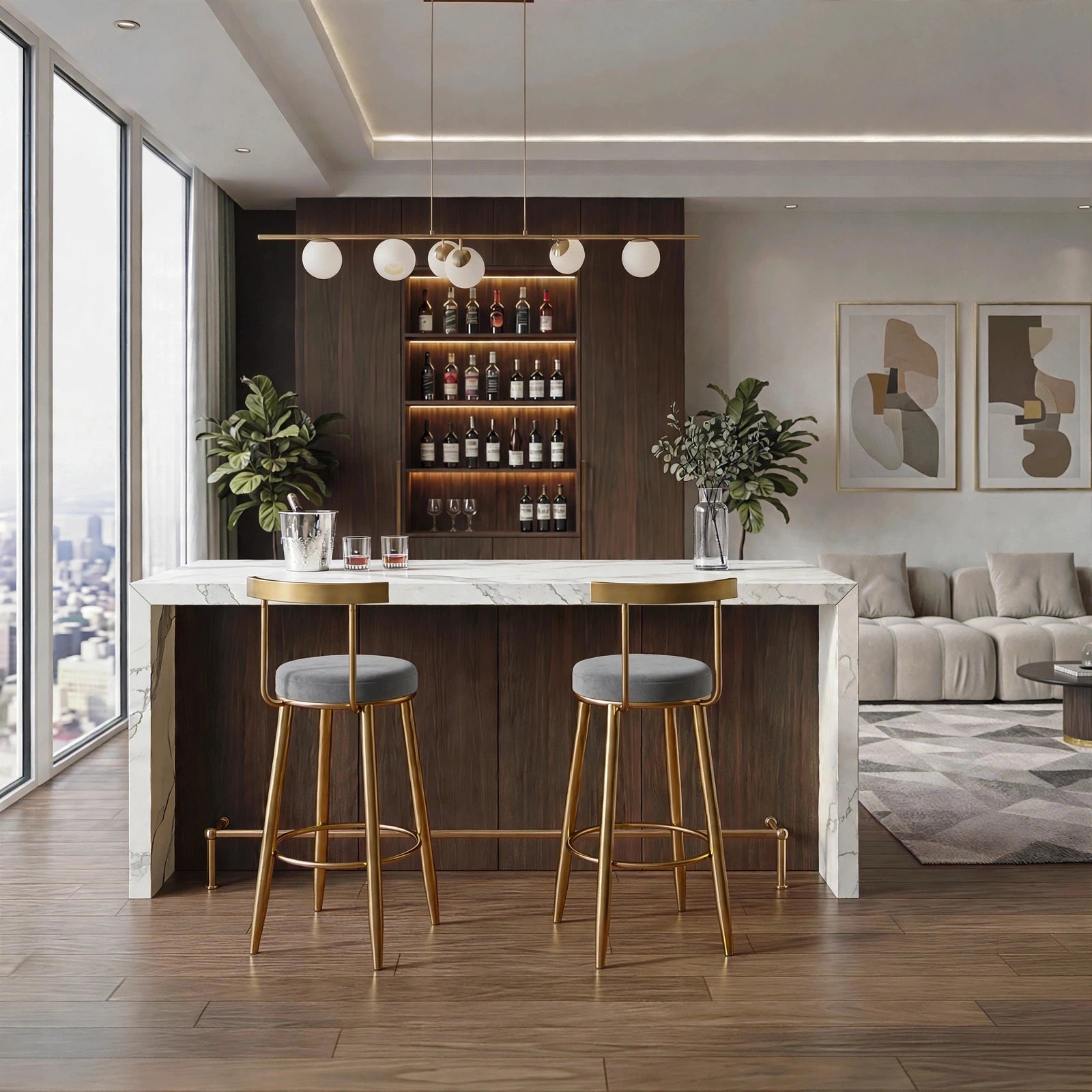 Nutech Decor Velvet Counter Height Bar Stool with Solid Backrest with Gold Legs | Kitchen & Bar Seating