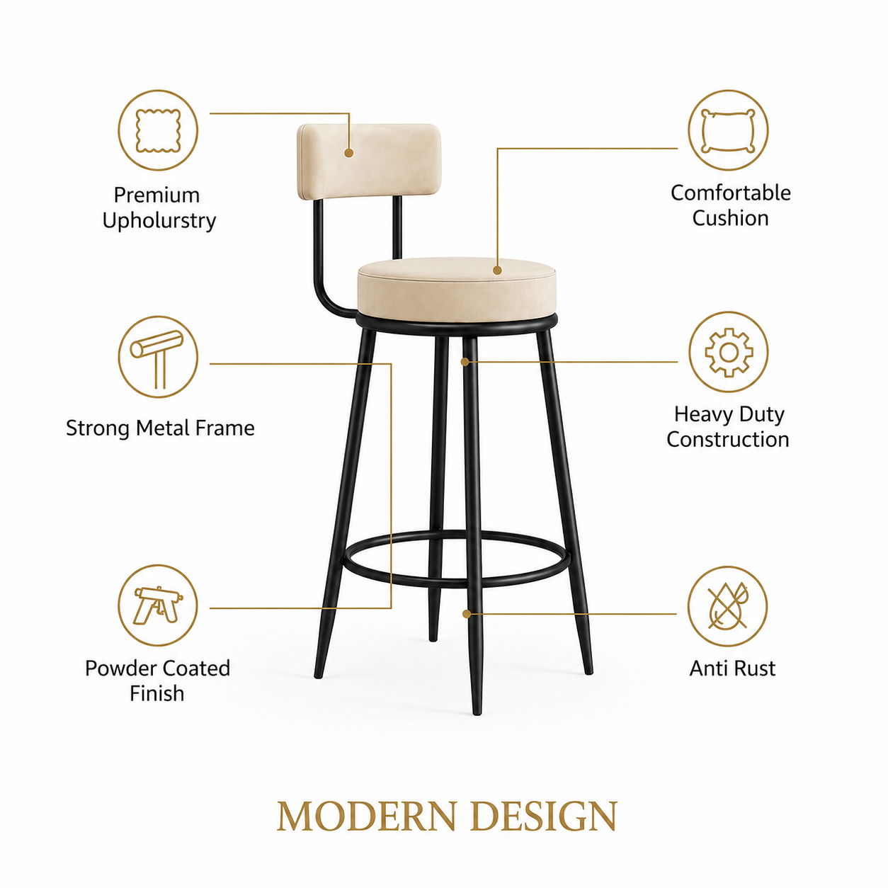Nutech Decor Velvet Counter Height Bar Stool with Padded Backrest with Black & Gold Legs | Kitchen & Bar Seating