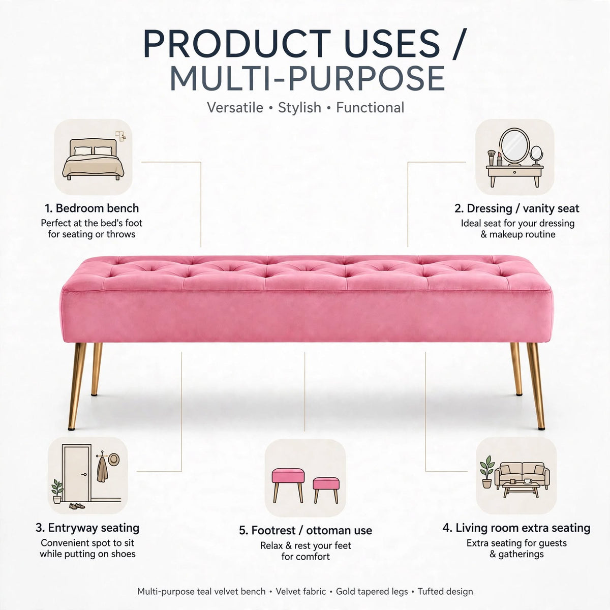 Nutech Impex Modern Velvet Bench Ottoman with Gold Metal Legs | Tufted Upholstered Bench for Bedroom, Living Room & Entryway | Footrest & Accent Seating