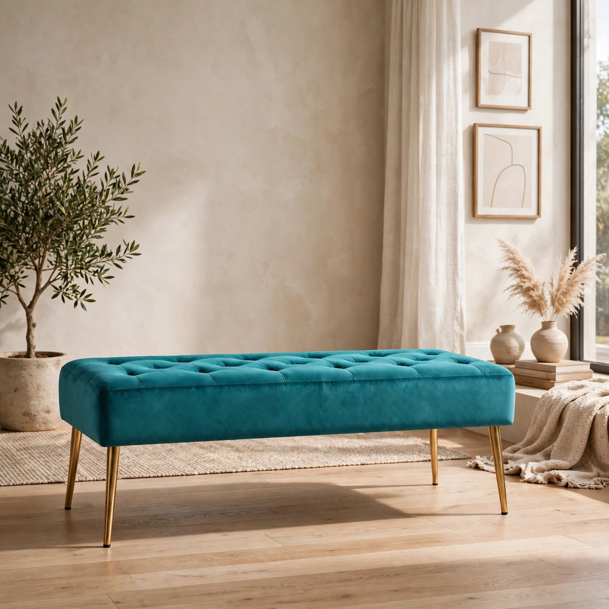 Nutech Impex Modern Velvet Bench Ottoman with Gold Metal Legs | Tufted Upholstered Bench for Bedroom, Living Room & Entryway | Footrest & Accent Seating
