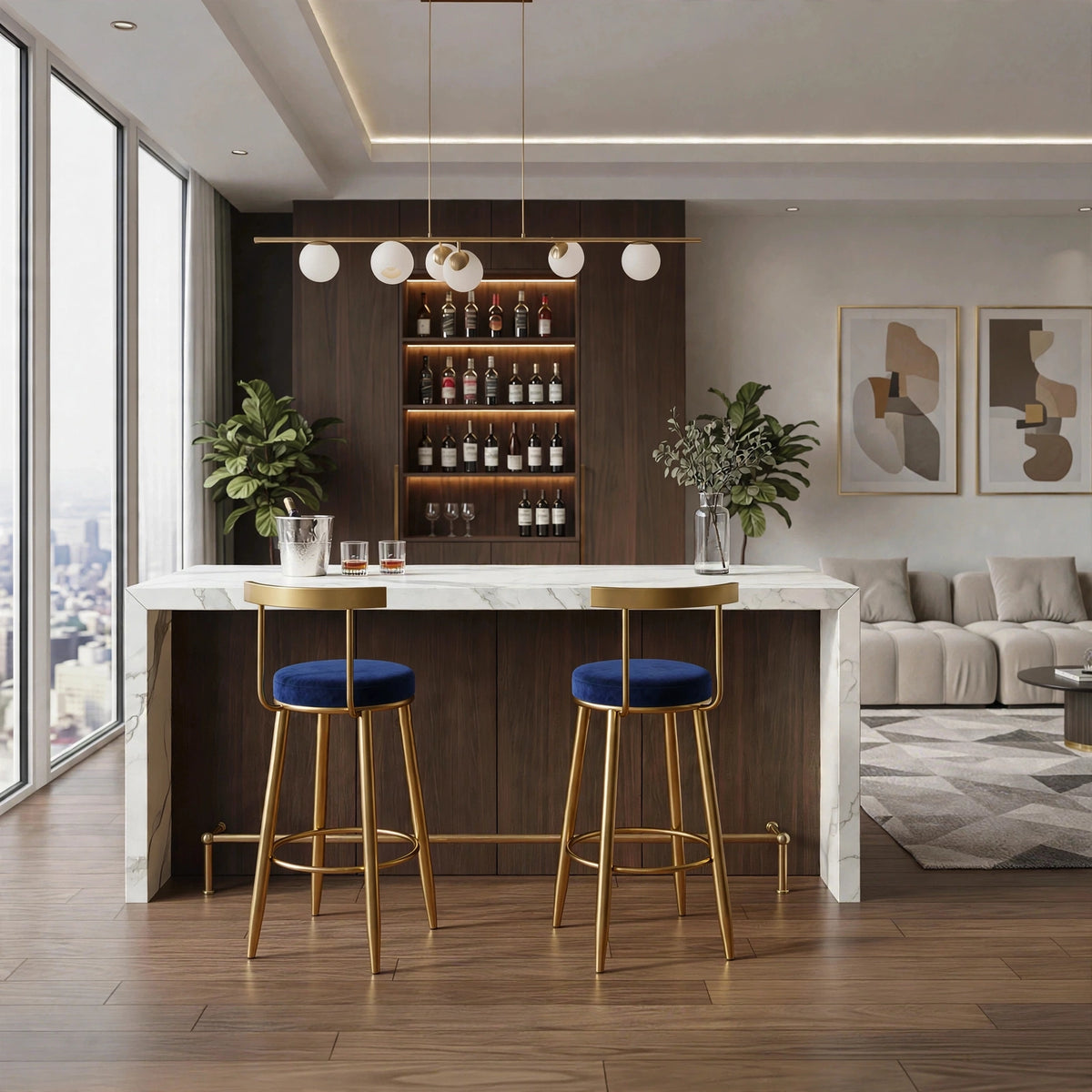 Nutech Decor Velvet Counter Height Bar Stool with Solid Backrest with Gold Legs | Kitchen & Bar Seating