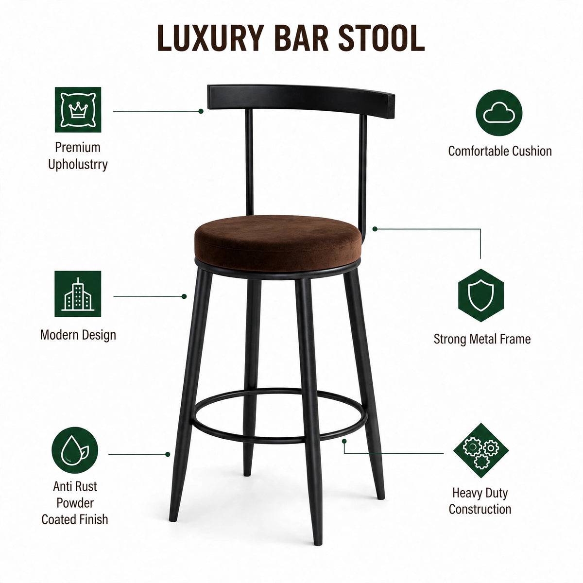 Nutech Decor Velvet Counter Height Bar Stool with Solid Backrest with Black & Gold Legs | Kitchen & Bar Seating