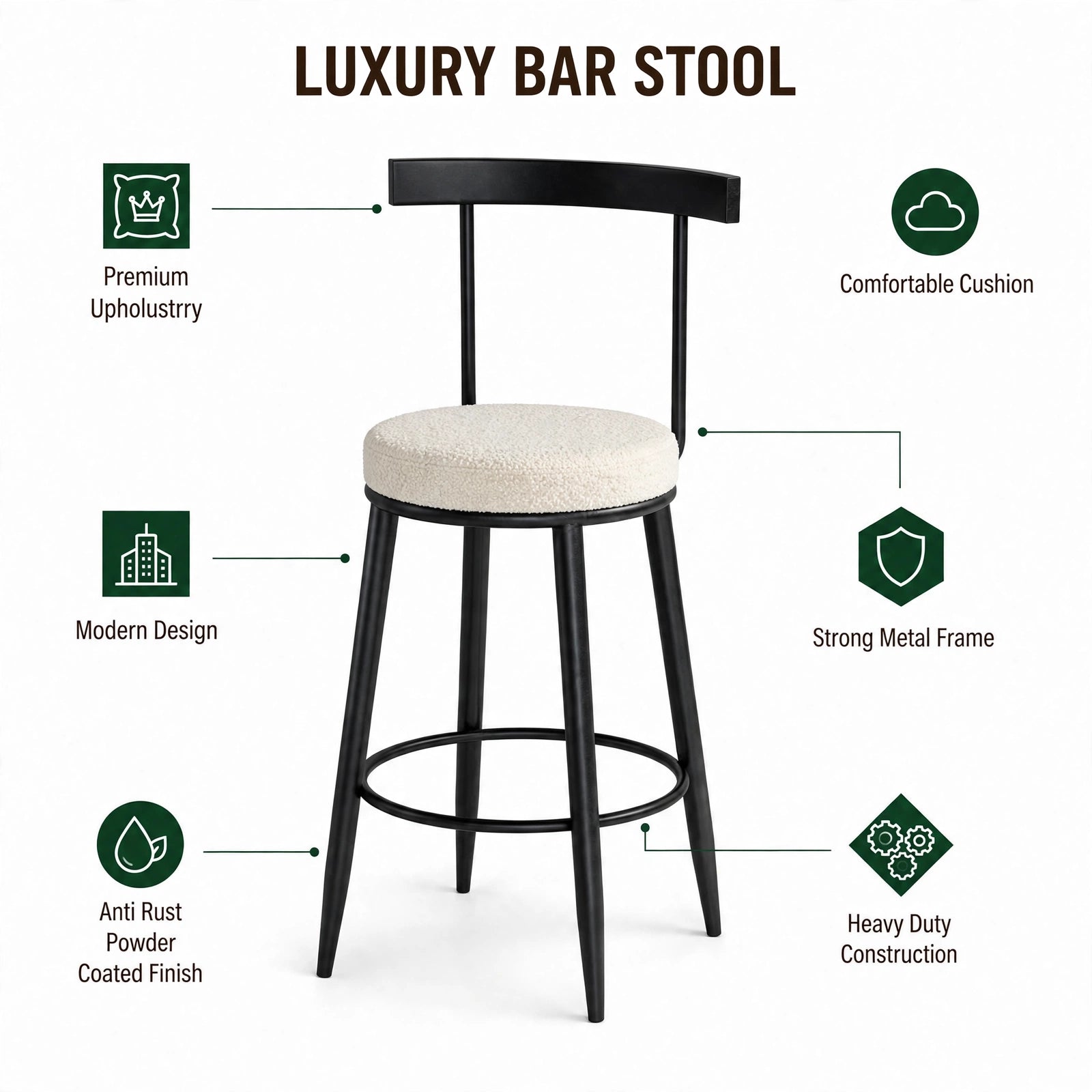 Nutech Decor Velvet Counter Height Bar Stool with Solid Backrest with Black & Gold Legs | Kitchen & Bar Seating