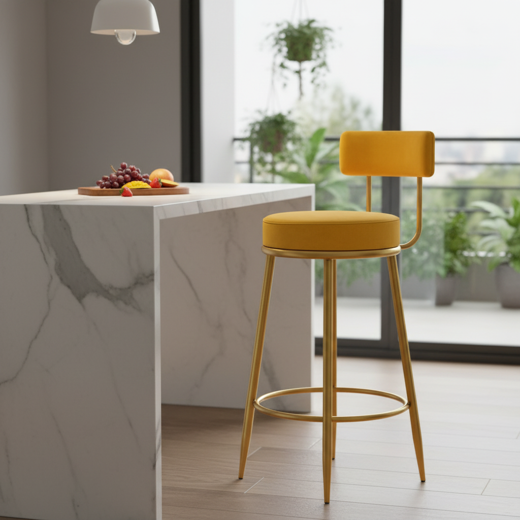 Nutech Decor Velvet Counter Height Bar Stool with Padded Backrest with Black & Gold Legs | Kitchen & Bar Seating