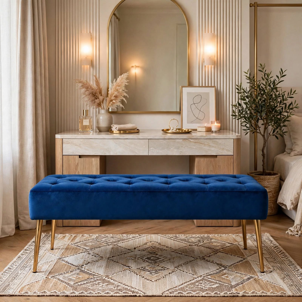 Nutech Impex Modern Velvet Bench Ottoman with Gold Metal Legs | Tufted Upholstered Bench for Bedroom, Living Room & Entryway | Footrest & Accent Seating