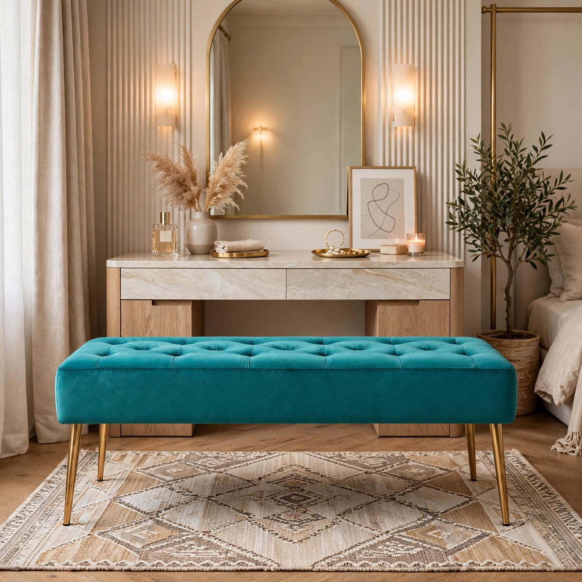 Nutech Impex Modern Velvet Bench Ottoman with Gold Metal Legs | Tufted Upholstered Bench for Bedroom, Living Room & Entryway | Footrest & Accent Seating
