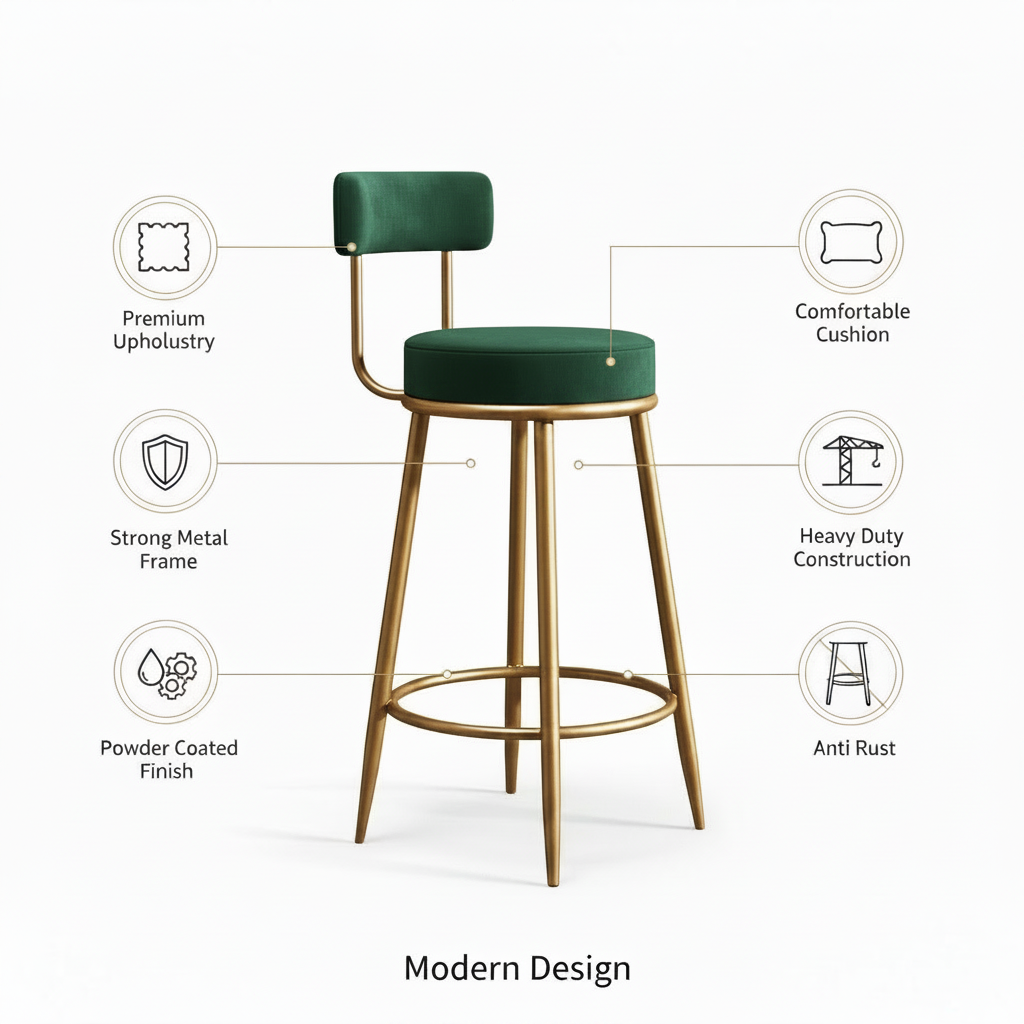 Nutech Decor Velvet Counter Height Bar Stool with Padded Backrest with Black & Gold Legs | Kitchen & Bar Seating