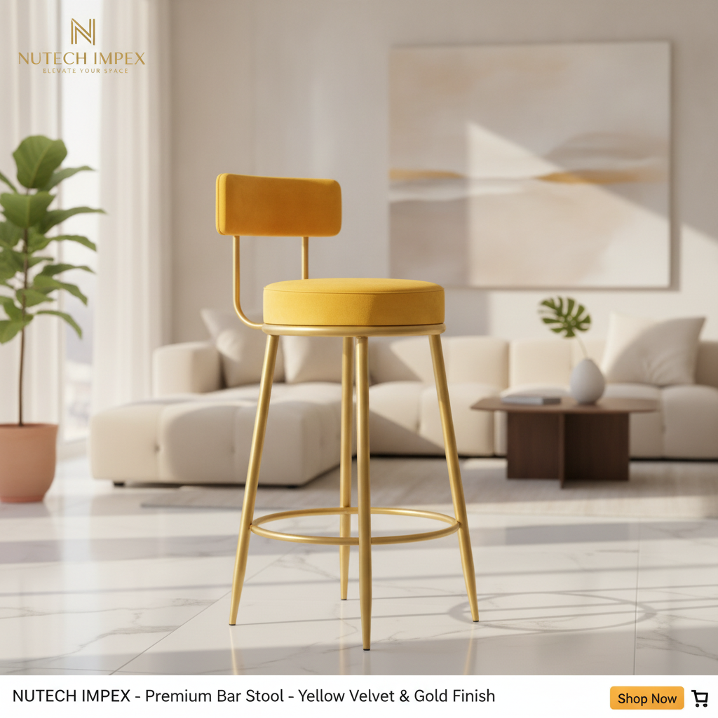Nutech Decor Velvet Counter Height Bar Stool with Padded Backrest with Black & Gold Legs | Kitchen & Bar Seating