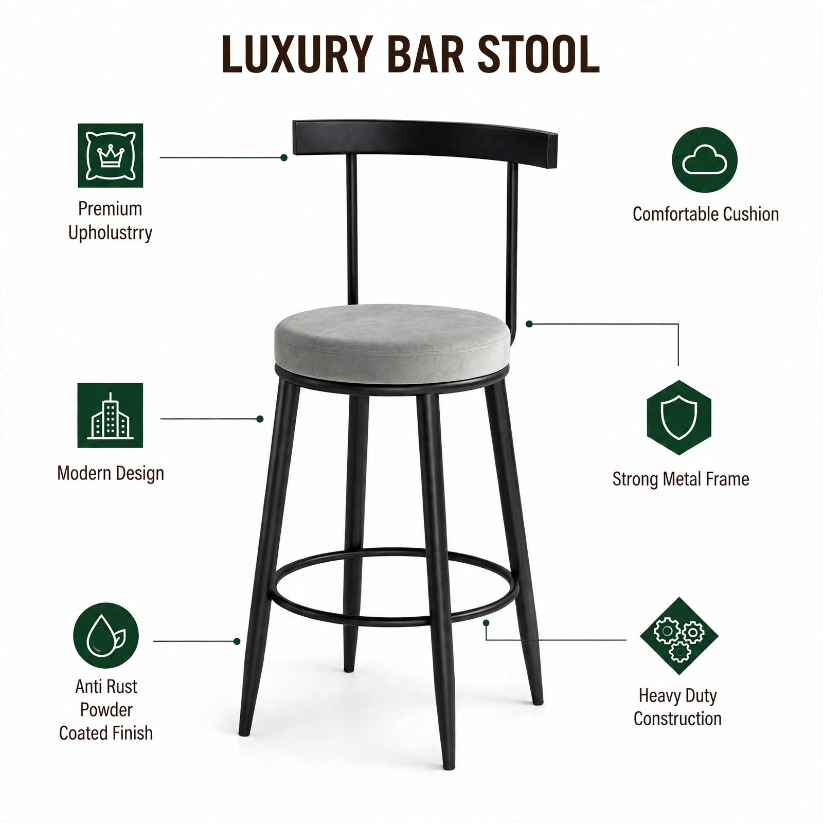 Nutech Decor Velvet Counter Height Bar Stool with Solid Backrest with Black & Gold Legs | Kitchen & Bar Seating