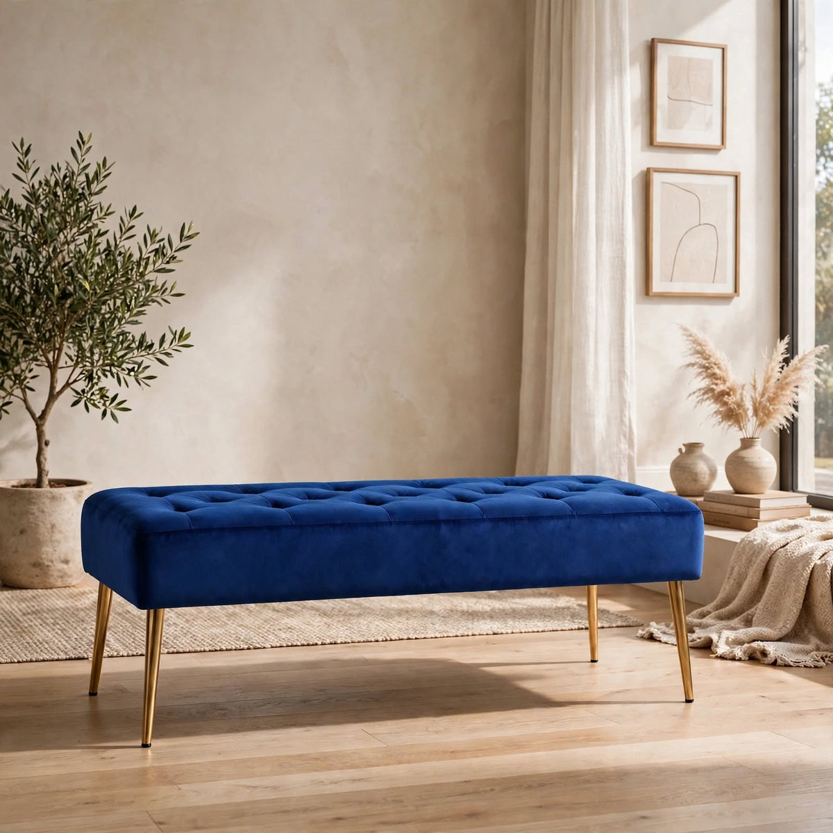 Nutech Impex Modern Velvet Bench Ottoman with Gold Metal Legs | Tufted Upholstered Bench for Bedroom, Living Room & Entryway | Footrest & Accent Seating