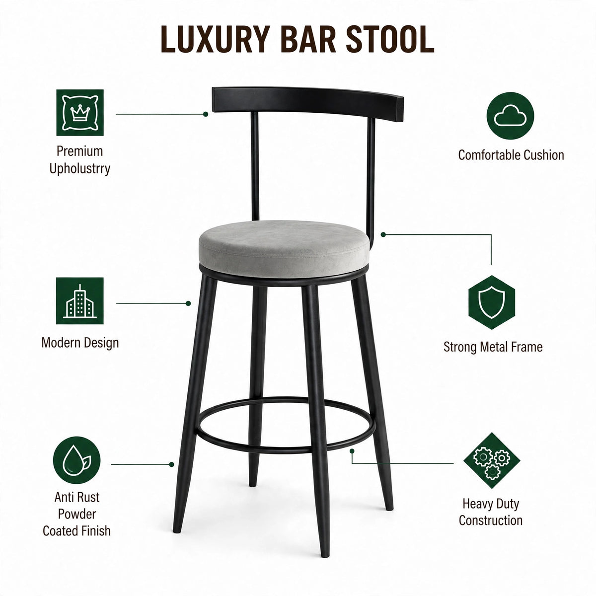 Nutech Decor Velvet Counter Height Bar Stool with Solid Backrest with Black Legs | Kitchen & Bar Seating