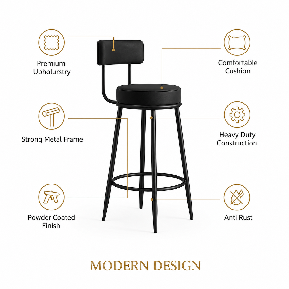 Nutech Decor Velvet Counter Height Bar Stool with Padded Backrest with Black & Gold Legs | Kitchen & Bar Seating
