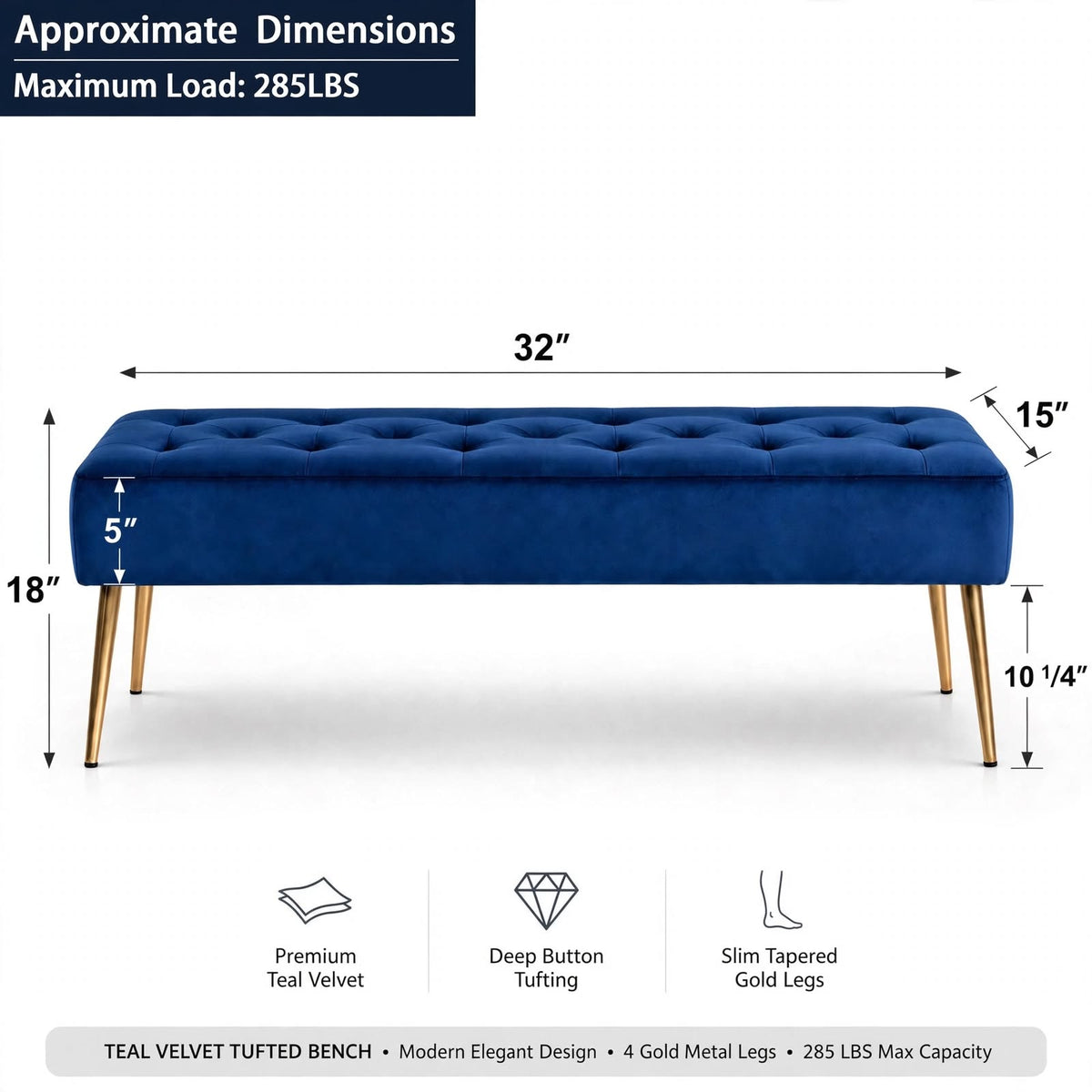 Nutech Impex Modern Velvet Bench Ottoman with Gold Metal Legs | Tufted Upholstered Bench for Bedroom, Living Room & Entryway | Footrest & Accent Seating