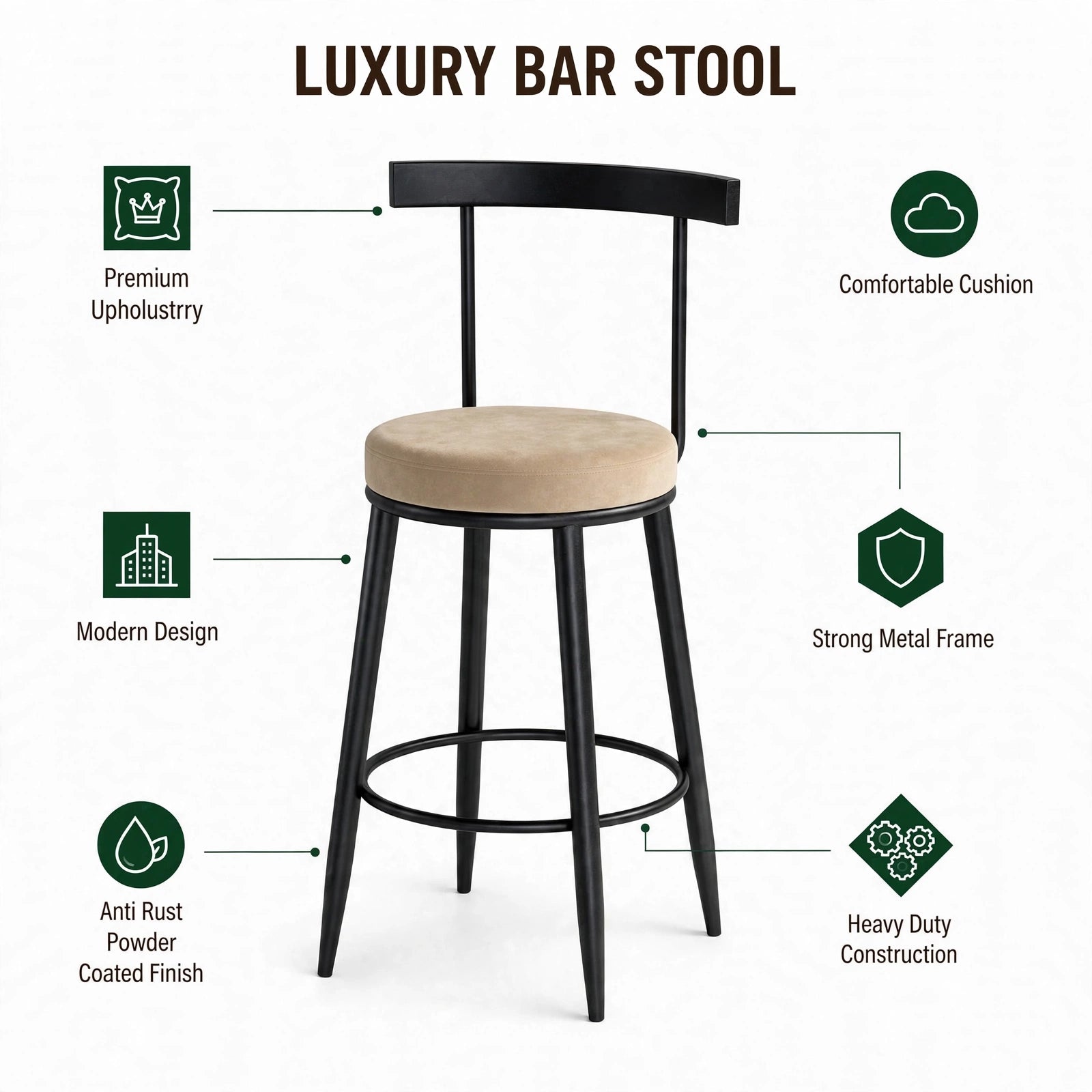 Nutech Decor Velvet Counter Height Bar Stool with Solid Backrest with Black Legs | Kitchen & Bar Seating