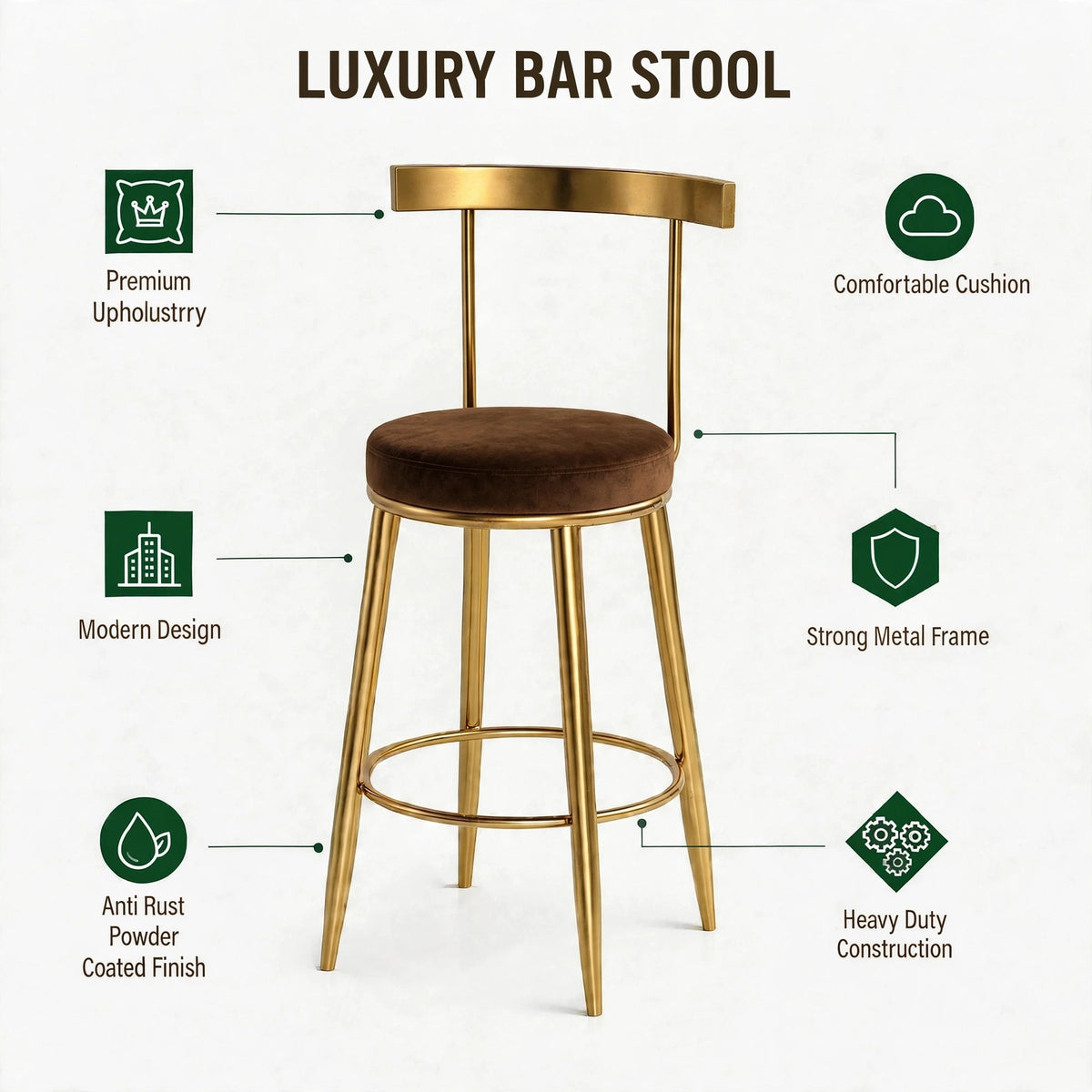 Nutech Decor Velvet Counter Height Bar Stool with Solid Backrest with Black & Gold Legs | Kitchen & Bar Seating