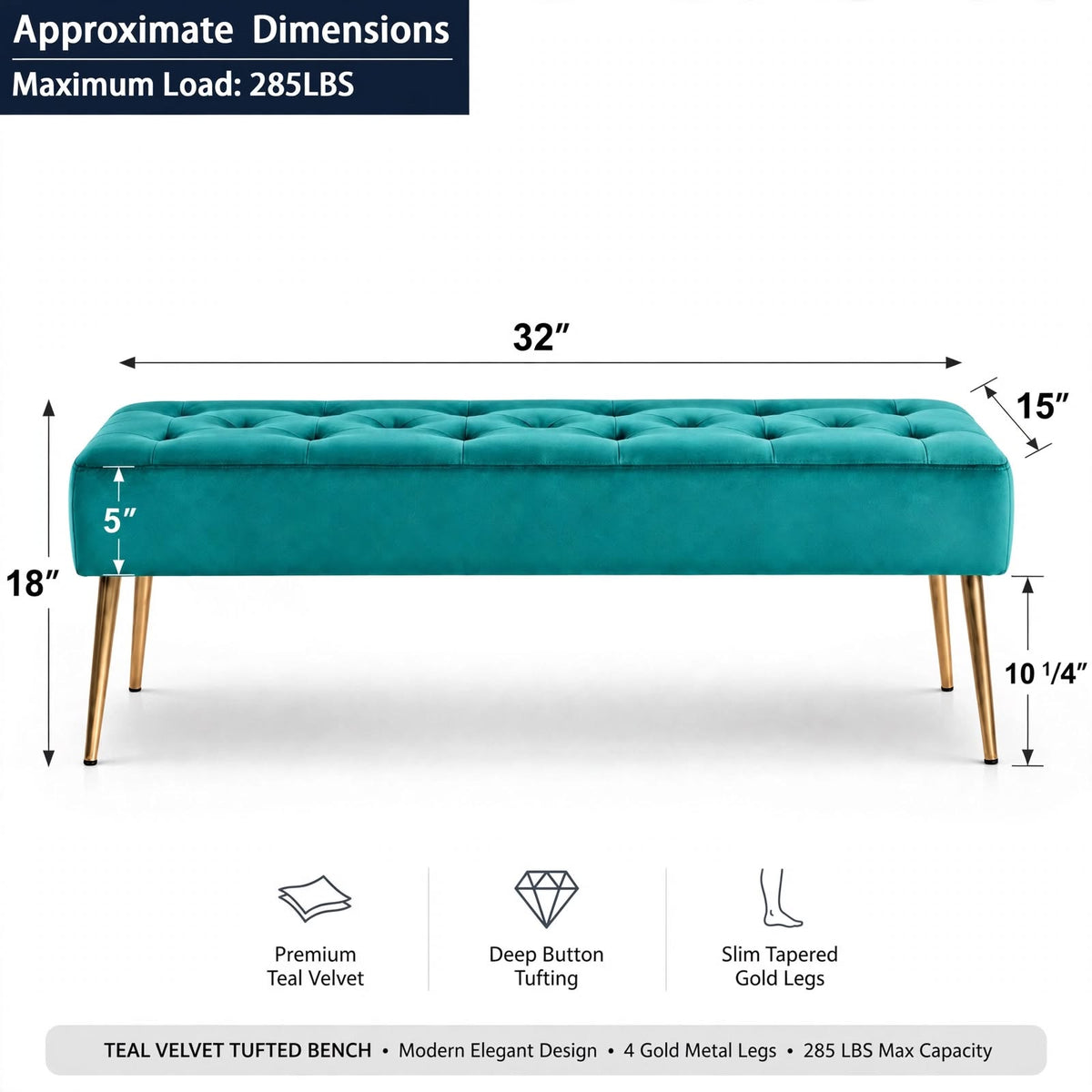 Nutech Impex Modern Velvet Bench Ottoman with Gold Metal Legs | Tufted Upholstered Bench for Bedroom, Living Room & Entryway | Footrest & Accent Seating