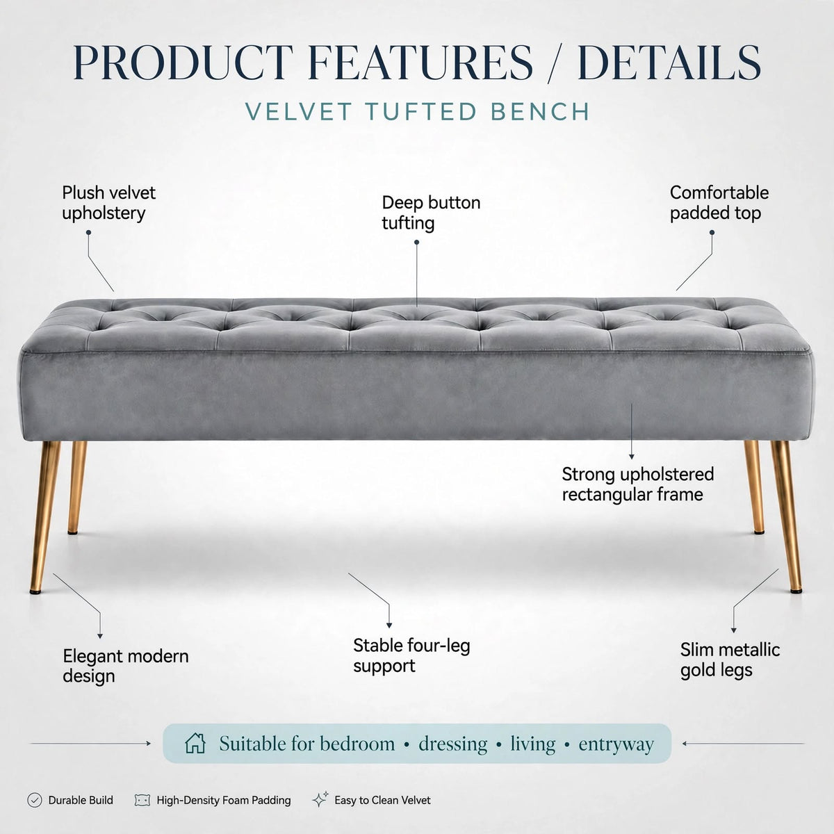 Nutech Impex Modern Velvet Bench Ottoman with Gold Metal Legs | Tufted Upholstered Bench for Bedroom, Living Room & Entryway | Footrest & Accent Seating