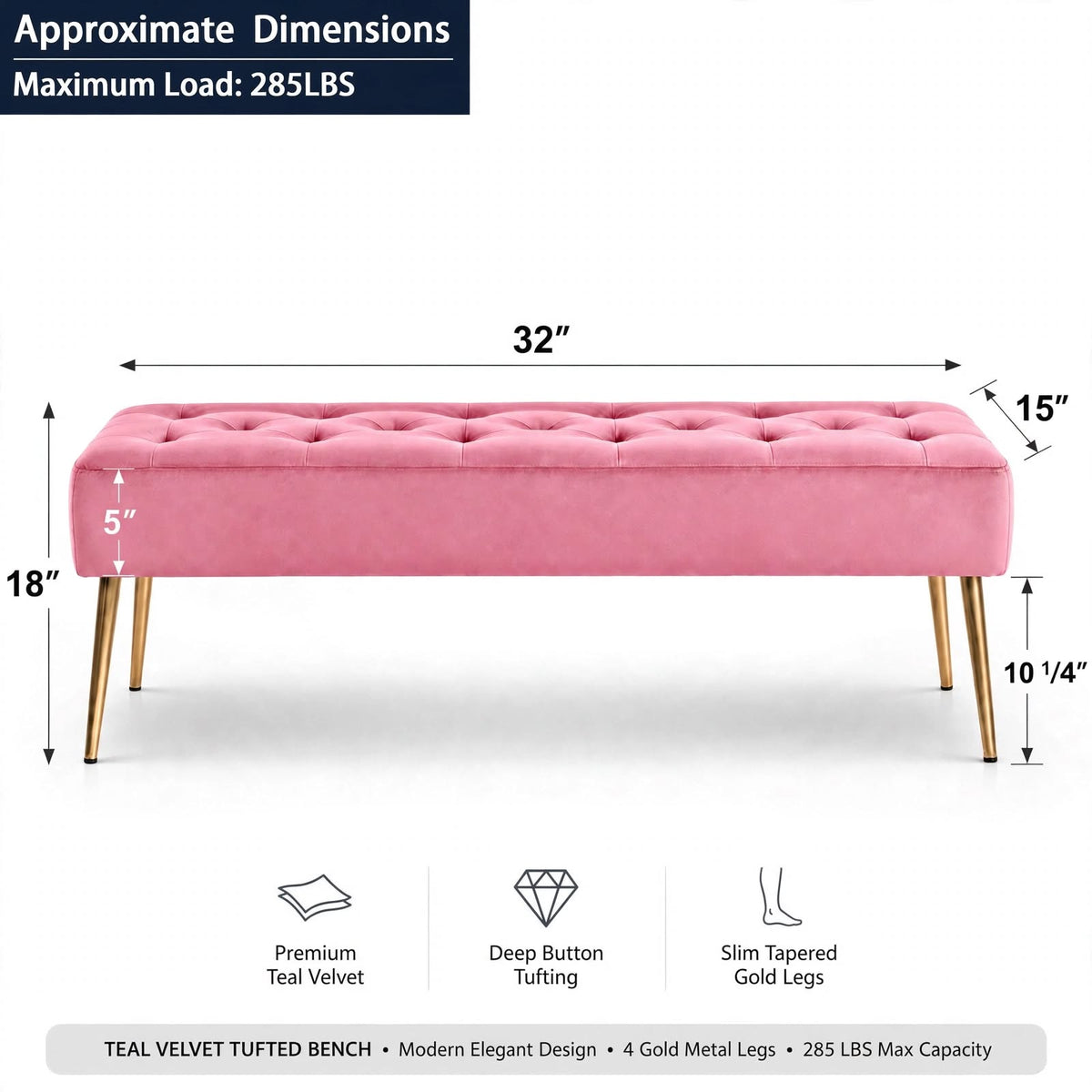 Nutech Impex Modern Velvet Bench Ottoman with Gold Metal Legs | Tufted Upholstered Bench for Bedroom, Living Room & Entryway | Footrest & Accent Seating
