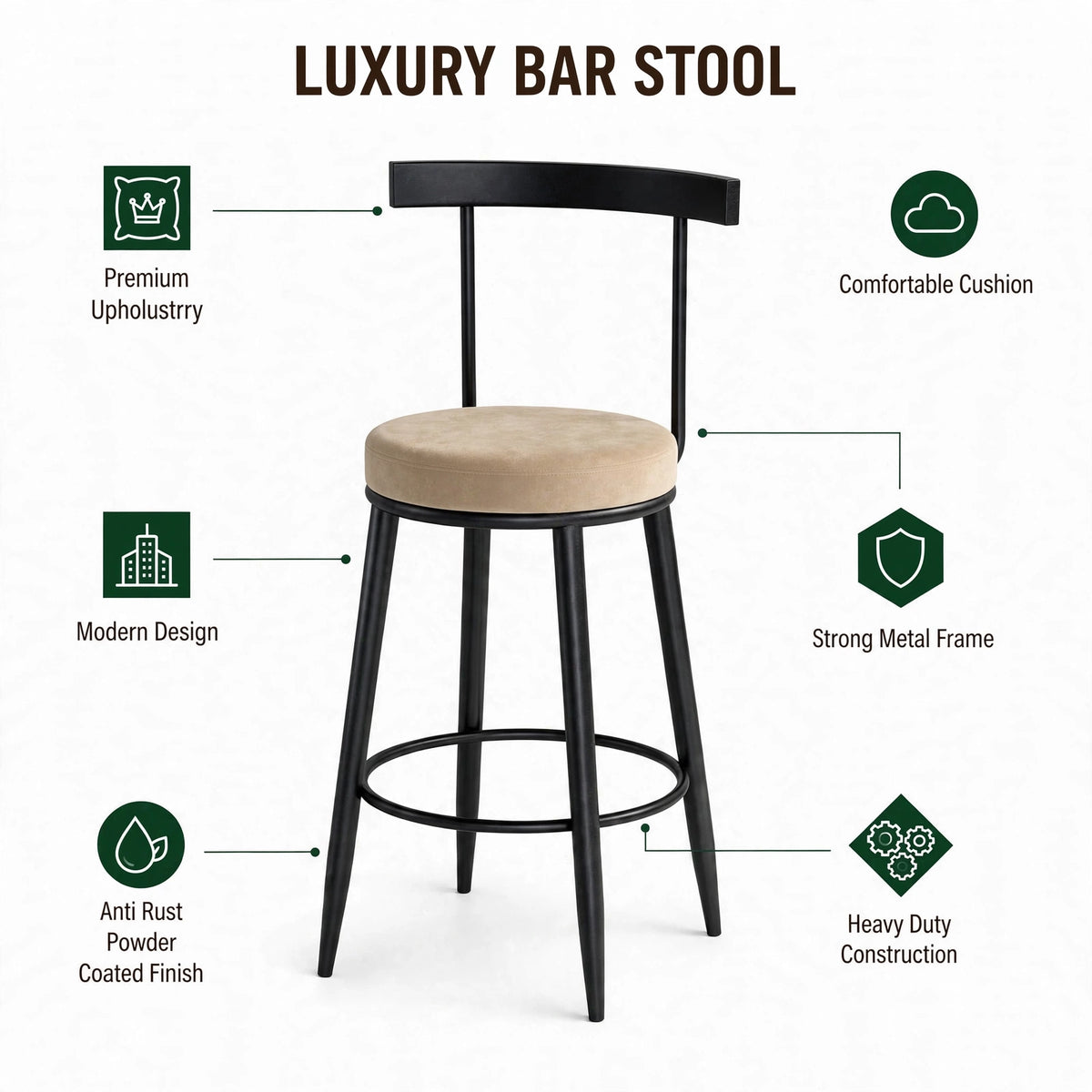 Nutech Decor Velvet Counter Height Bar Stool with Solid Backrest with Black & Gold Legs | Kitchen & Bar Seating