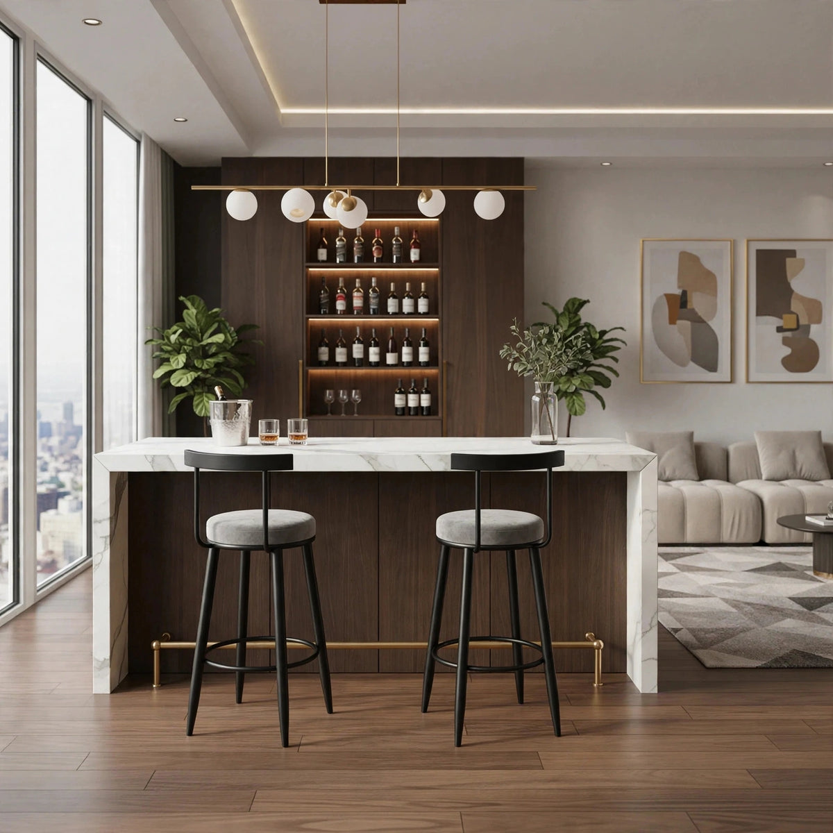 Nutech Decor Velvet Counter Height Bar Stool with Solid Backrest with Black & Gold Legs | Kitchen & Bar Seating