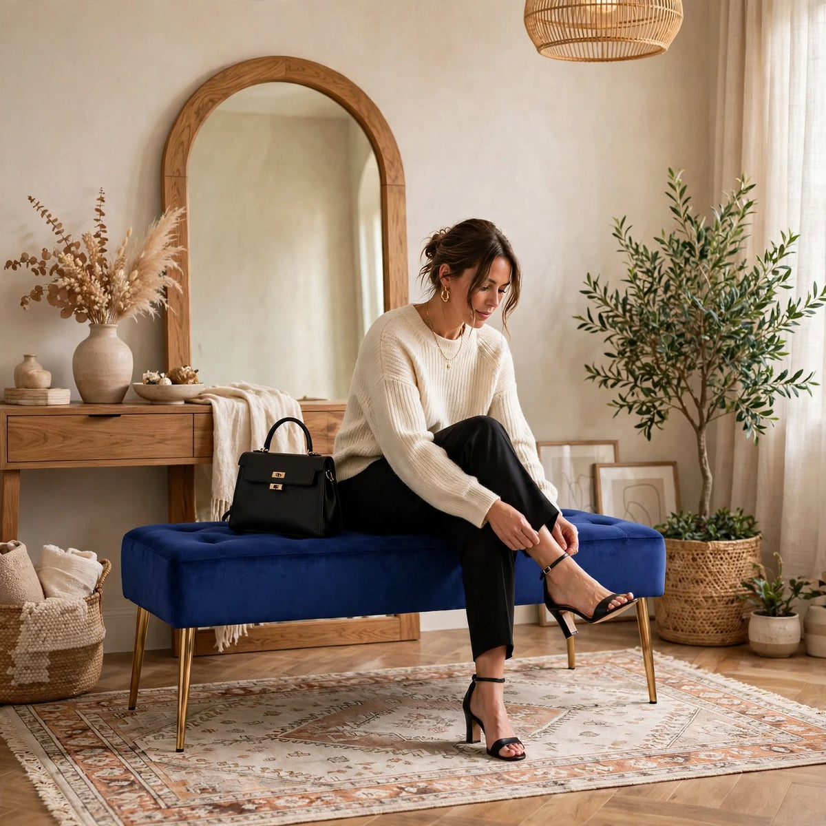 Nutech Impex Modern Velvet Bench Ottoman with Gold Metal Legs | Tufted Upholstered Bench for Bedroom, Living Room & Entryway | Footrest & Accent Seating