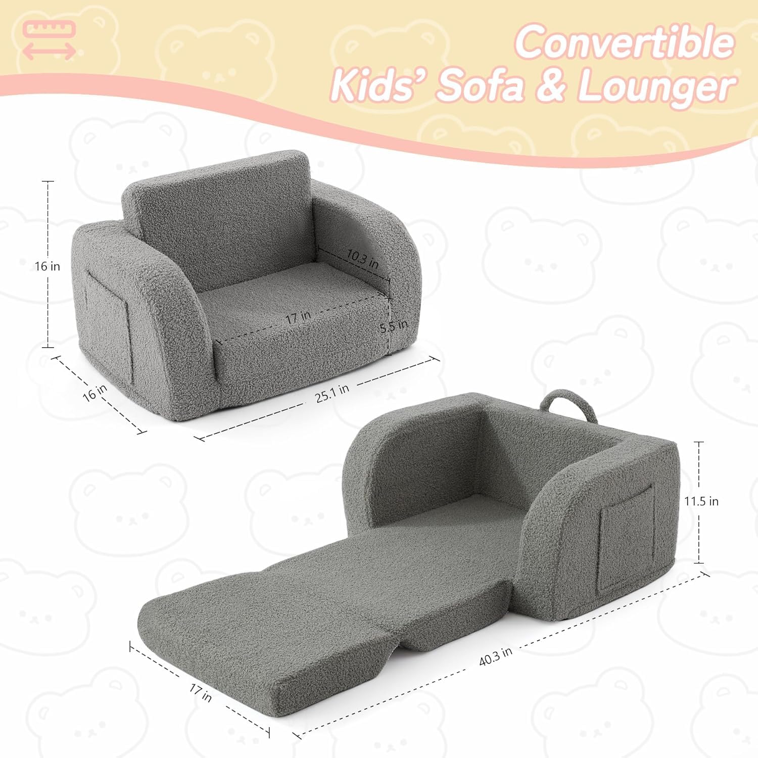 Nutech Decor 2-in-1 Toddler Couch Soft Sherpa Plush Kids Sofa & Lounger