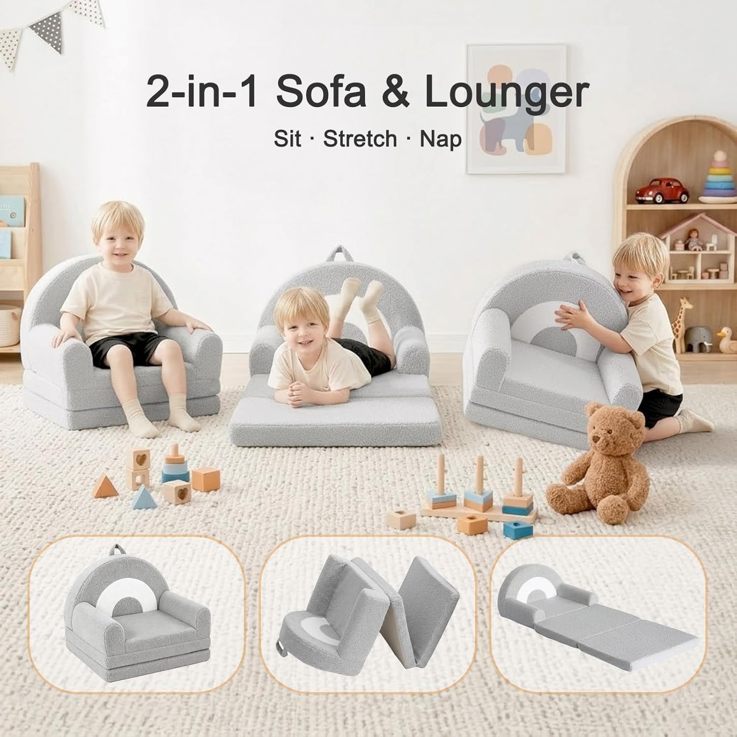 Nutech Decor 2-in-1 Kids Sofa Chair – Convertible Plush Toddler Lounger with Rainbow Backrest