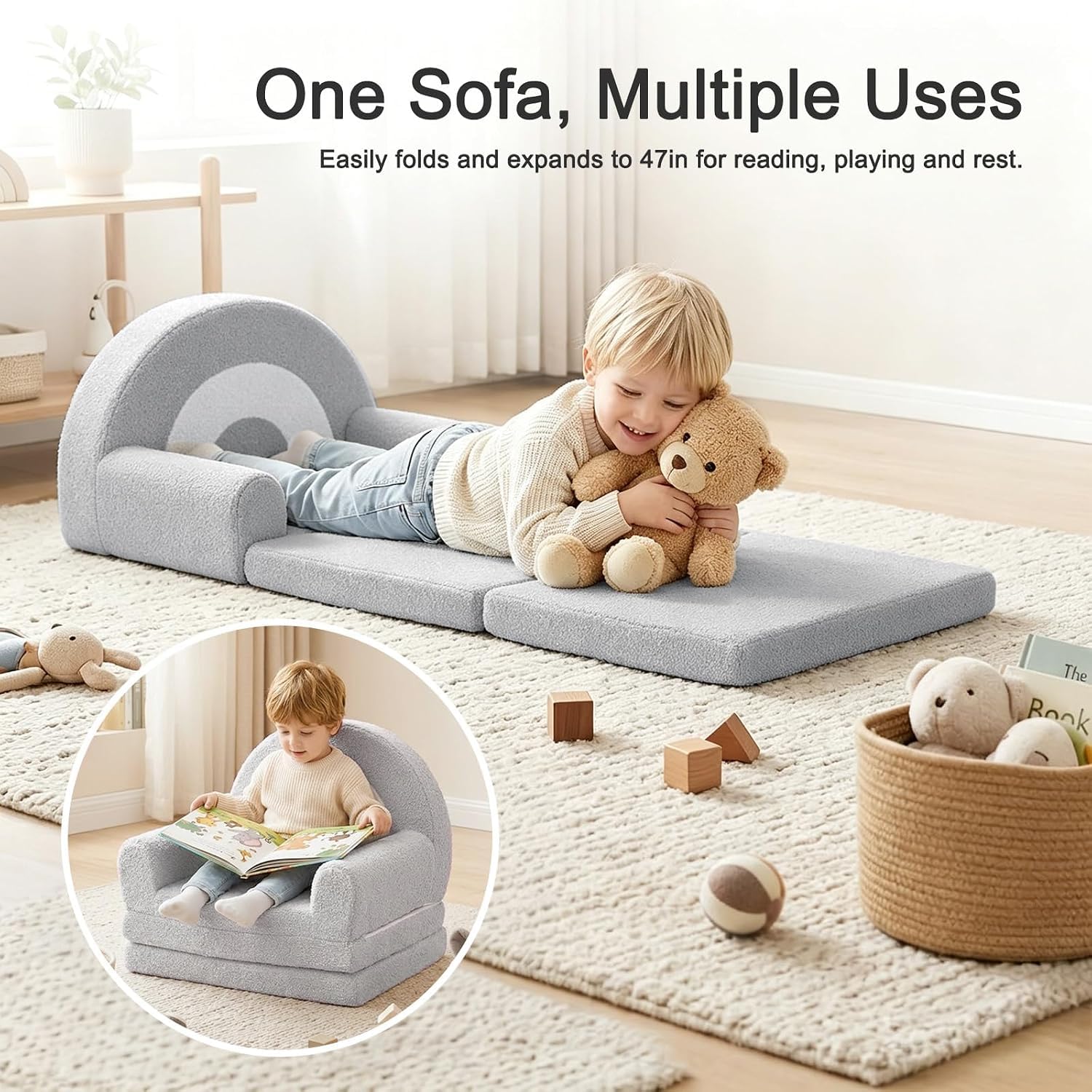 Nutech Decor 2-in-1 Kids Sofa Chair – Convertible Plush Toddler Lounger with Rainbow Backrest