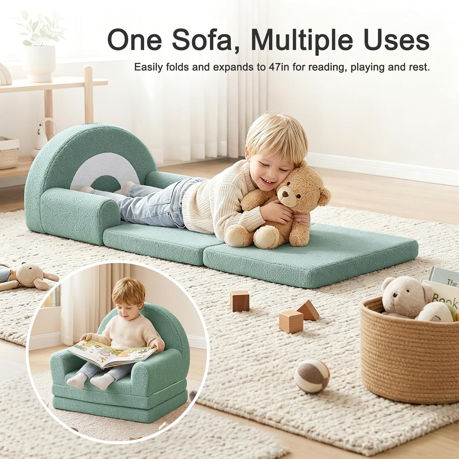 Nutech Decor 2-in-1 Kids Sofa Chair – Convertible Plush Toddler Lounger with Rainbow Backrest