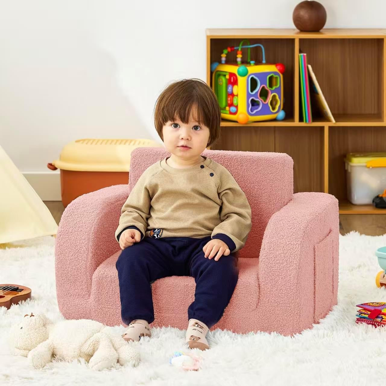 Nutech Decor 2-in-1 Toddler Couch Soft Sherpa Plush Kids Sofa & Lounger