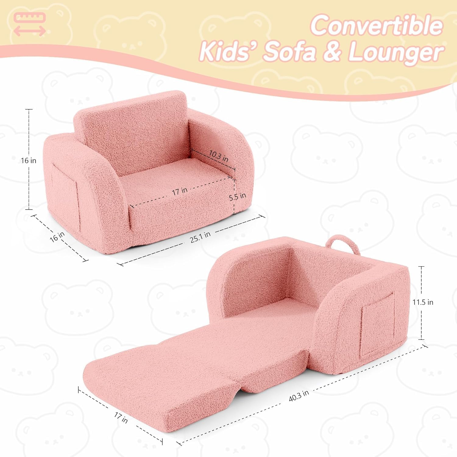 Nutech Decor 2-in-1 Toddler Couch Soft Sherpa Plush Kids Sofa & Lounger