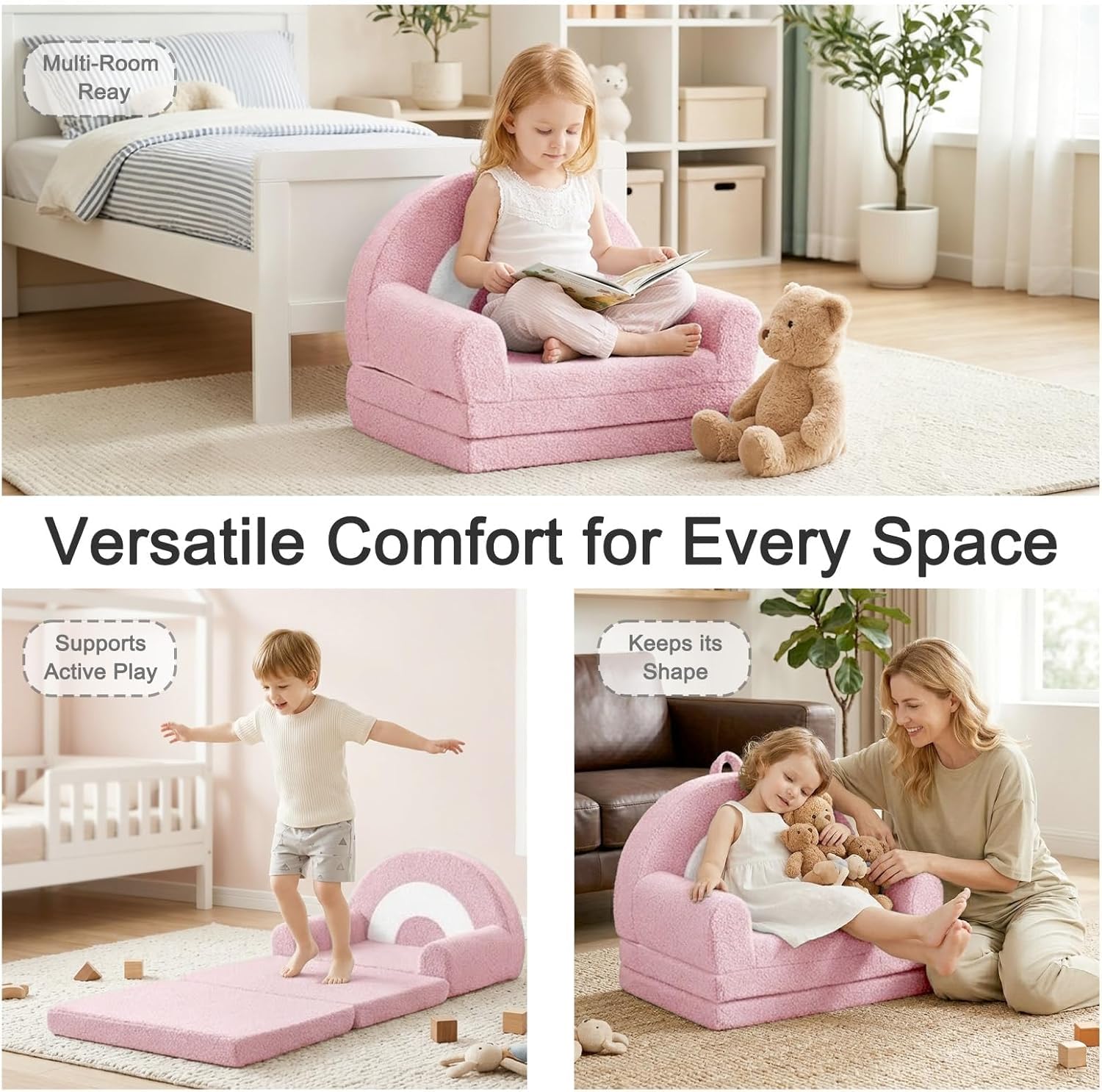 Nutech Decor 2-in-1 Kids Sofa Chair – Convertible Plush Toddler Lounger with Rainbow Backrest