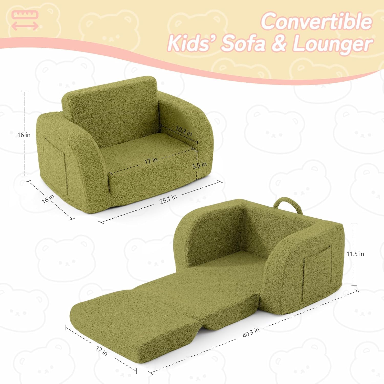 Nutech Decor 2-in-1 Toddler Couch Soft Sherpa Plush Kids Sofa & Lounger