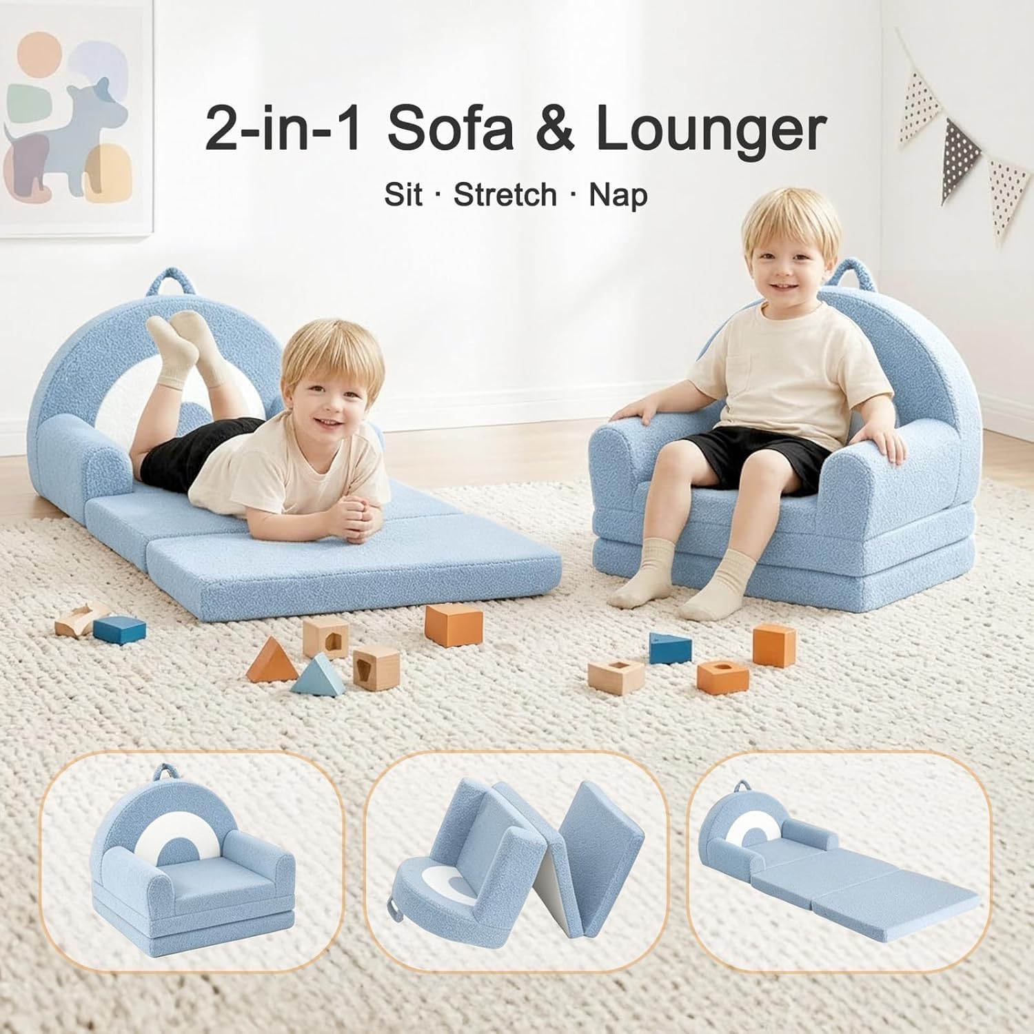 Nutech Decor 2-in-1 Kids Sofa Chair – Convertible Plush Toddler Lounger with Rainbow Backrest
