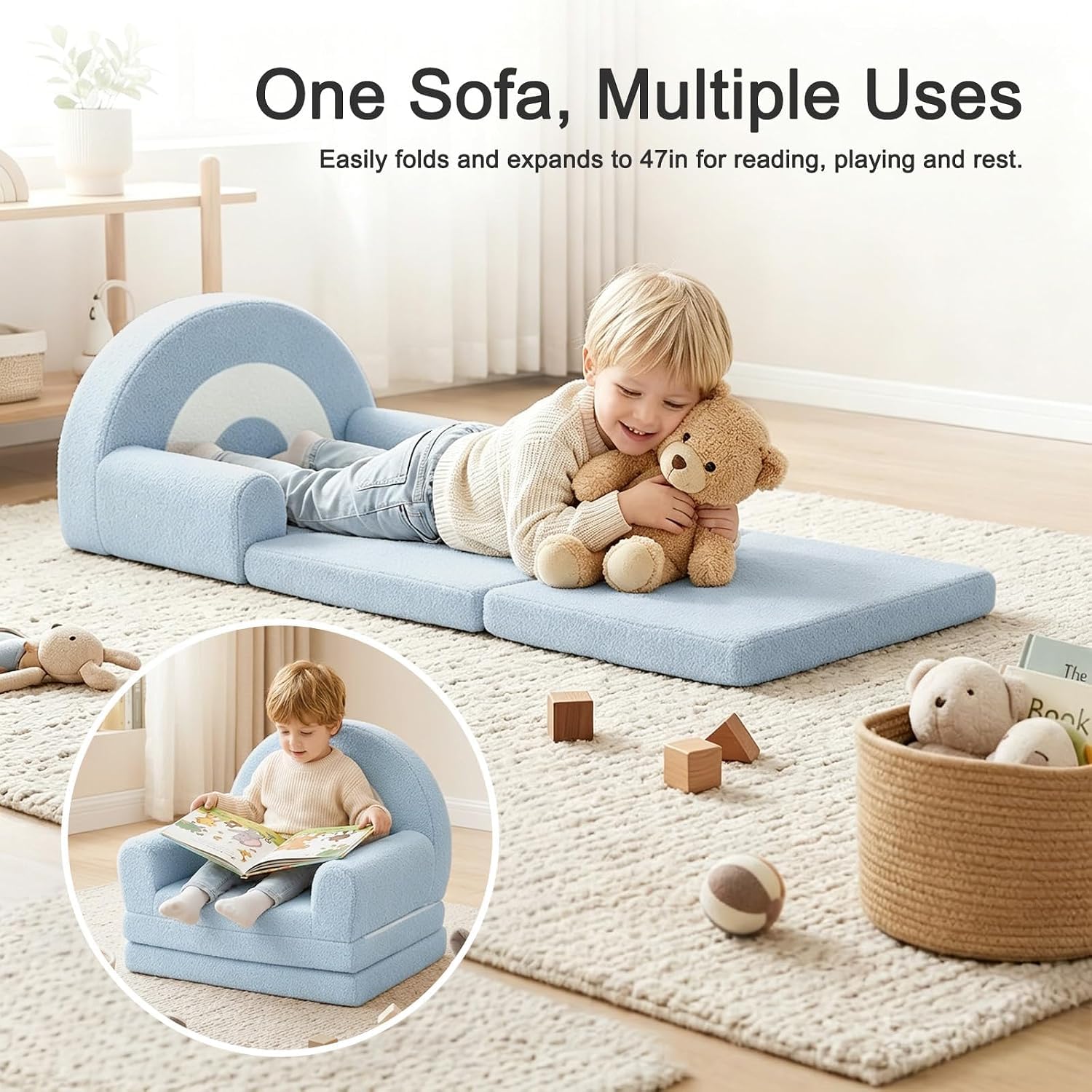 Nutech Decor 2-in-1 Kids Sofa Chair – Convertible Plush Toddler Lounger with Rainbow Backrest