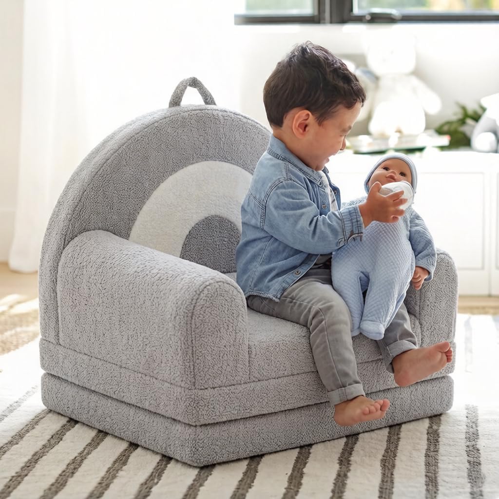 Nutech Decor 2-in-1 Kids Sofa Chair – Convertible Plush Toddler Lounger with Rainbow Backrest