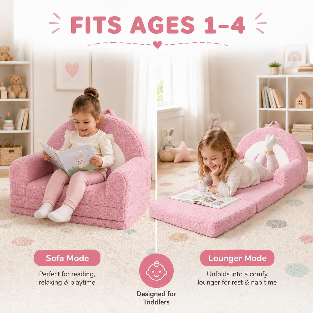 Nutech Decor 2-in-1 Kids Sofa Chair – Convertible Plush Toddler Lounger with Rainbow Backrest