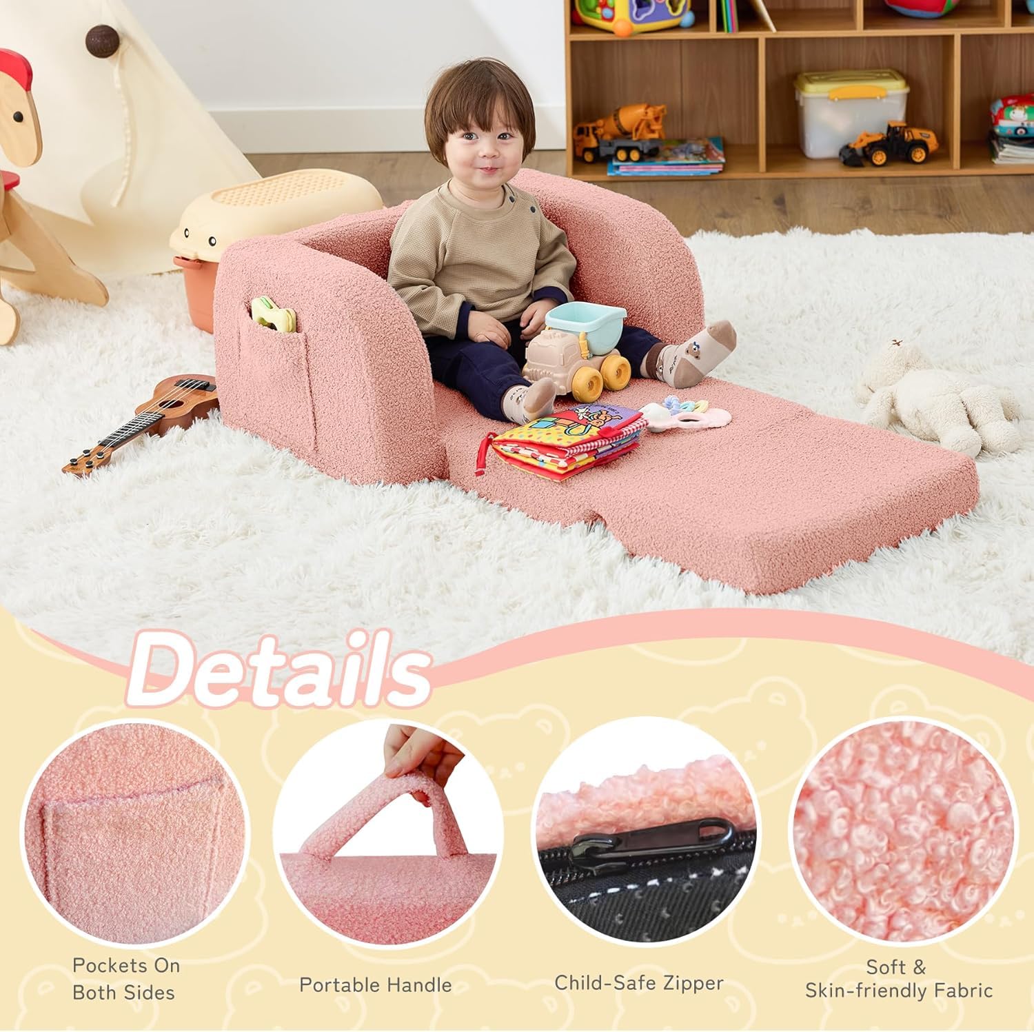 Nutech Decor 2-in-1 Toddler Couch Soft Sherpa Plush Kids Sofa & Lounger