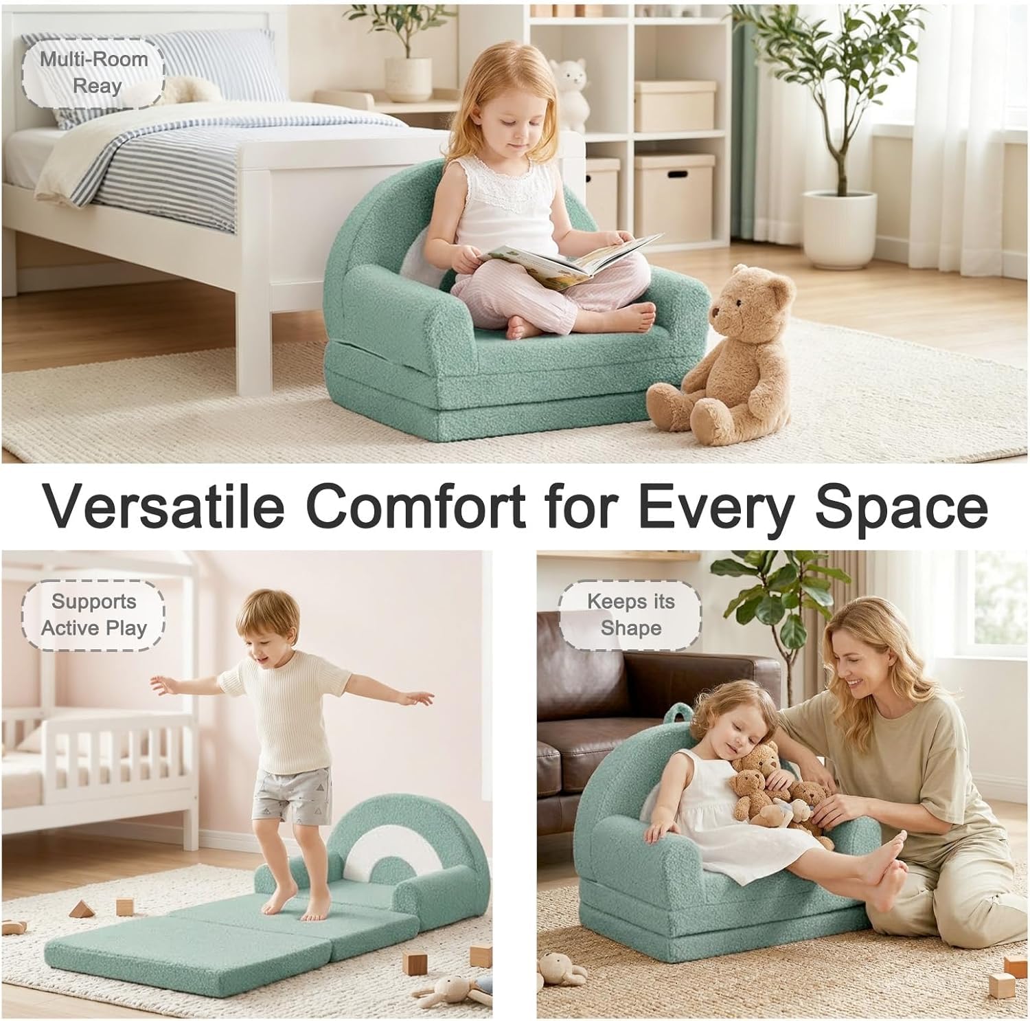 Nutech Decor 2-in-1 Kids Sofa Chair – Convertible Plush Toddler Lounger with Rainbow Backrest