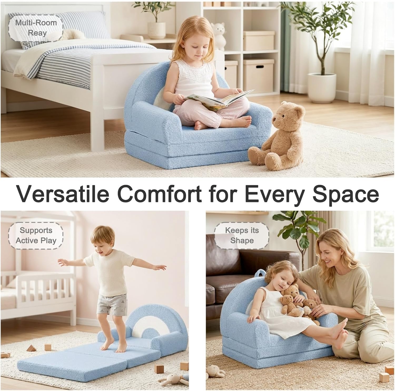 Nutech Decor 2-in-1 Kids Sofa Chair – Convertible Plush Toddler Lounger with Rainbow Backrest